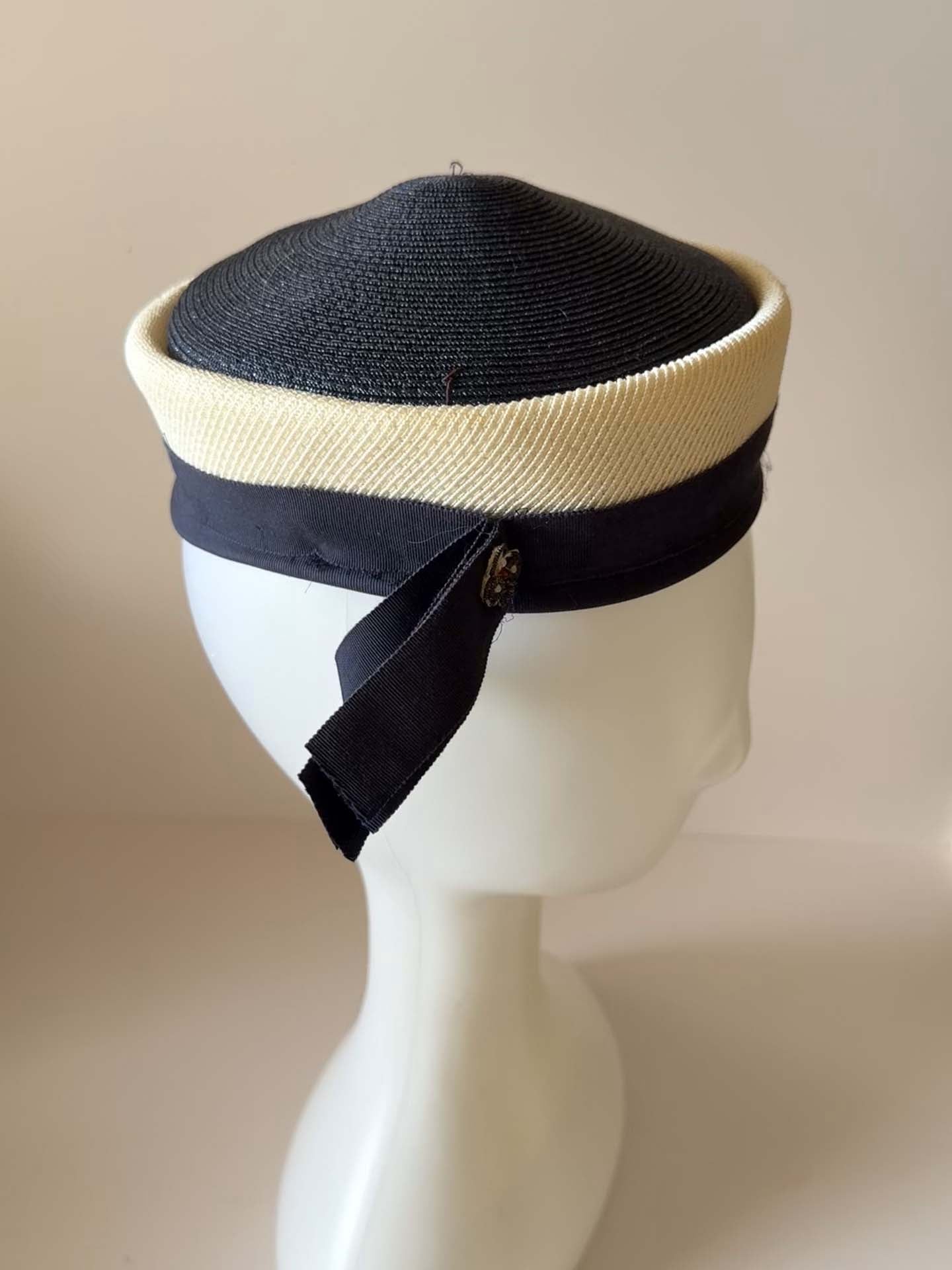 Vintage 1960s Navy and Ivory Pillbox Hat | Mod Breton Style Cocktail Hat | Jackie Kennedy Inspired Millinery