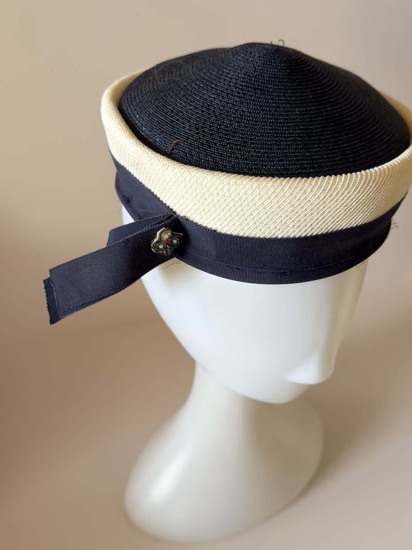 Vintage 1960s Navy and Ivory Pillbox Hat | Mod Breton Style Cocktail Hat | Jackie Kennedy Inspired Millinery