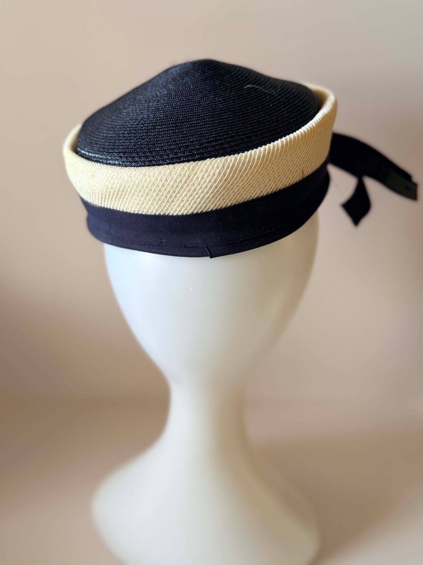 Vintage 1960s Navy and Ivory Pillbox Hat | Mod Breton Style Cocktail Hat | Jackie Kennedy Inspired Millinery