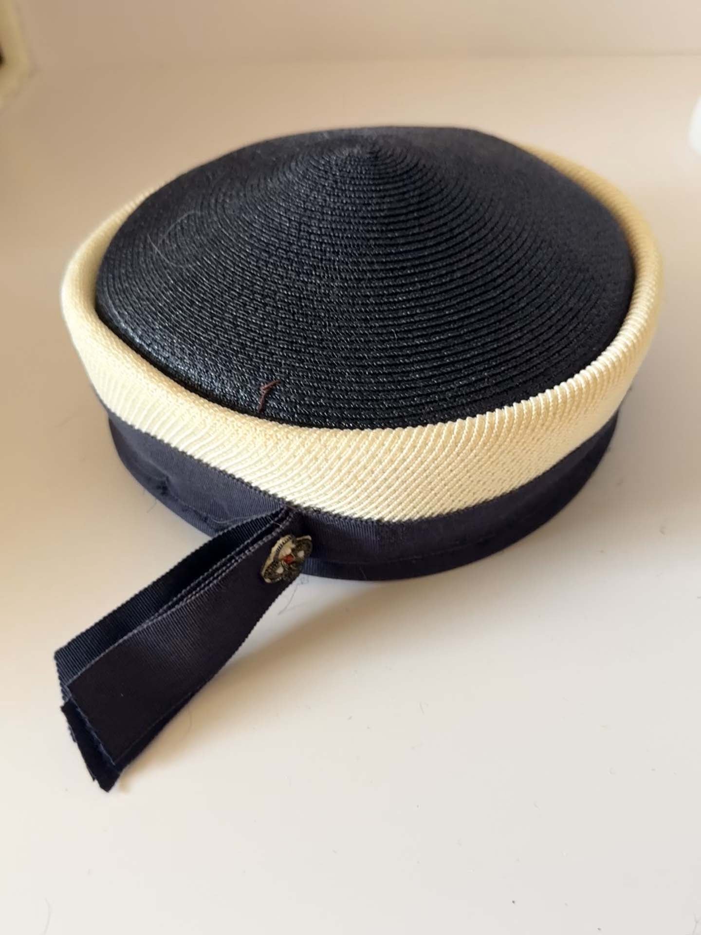 Vintage 1960s Navy and Ivory Pillbox Hat | Mod Breton Style Cocktail Hat | Jackie Kennedy Inspired Millinery