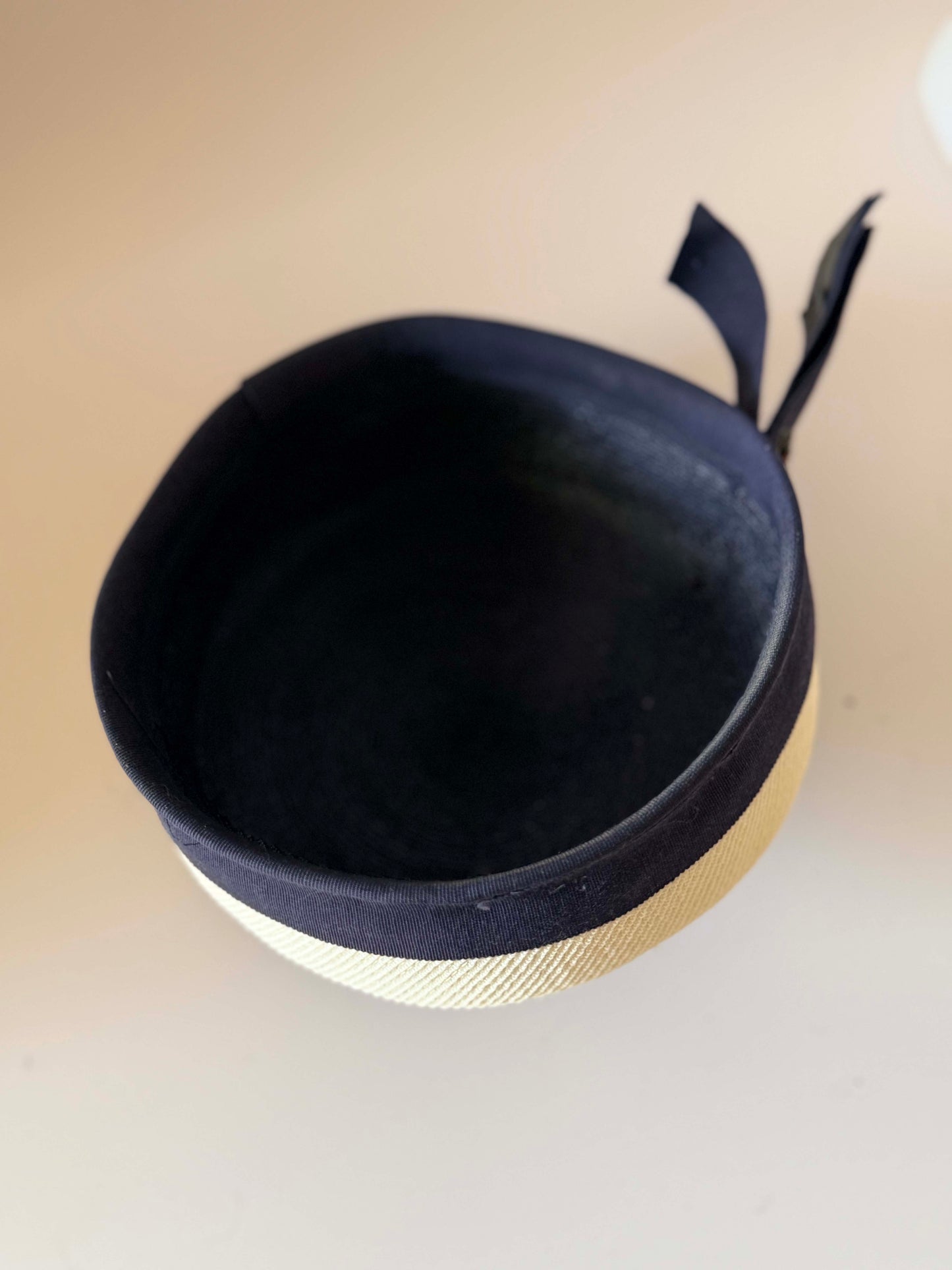 Vintage 1960s Navy and Ivory Pillbox Hat | Mod Breton Style Cocktail Hat | Jackie Kennedy Inspired Millinery