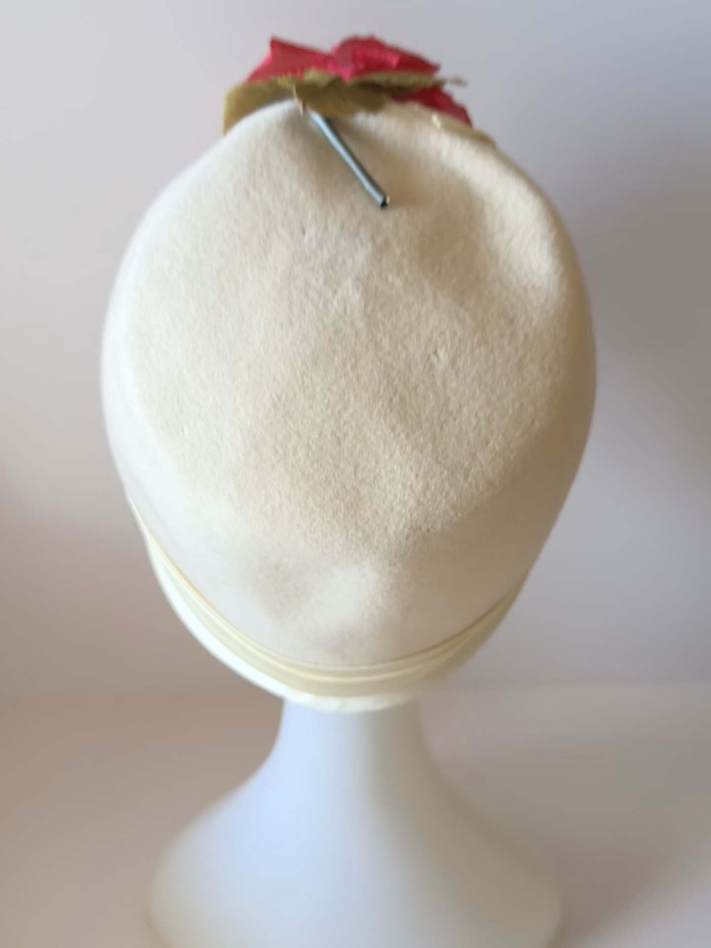 1960s Mr. Richard Ivory Wool Cloche Hat with Red Rose | Vintage Floral Mod Hat | Winter Garden Party Hat | Romantic Mid Century Millinery