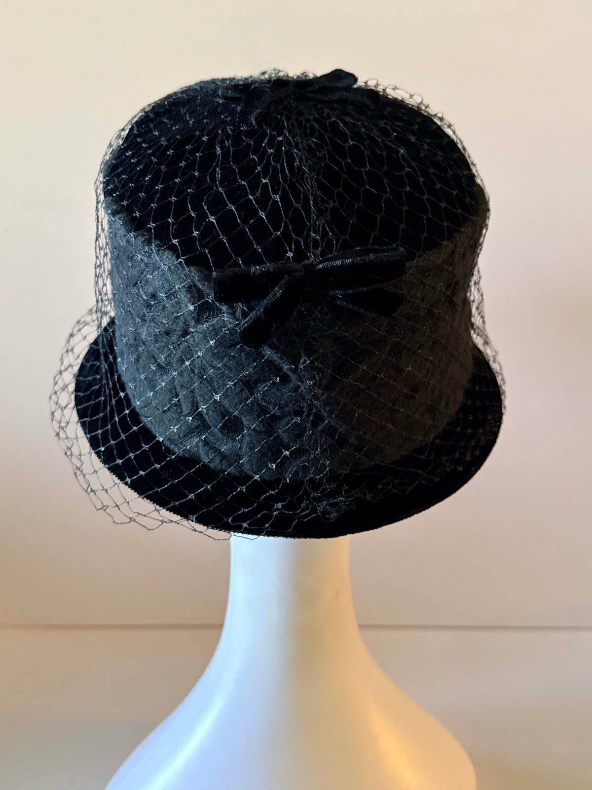 Vintage 1960s Black Velvet Bucket Cloche Hat with Birdcage Veiling and Floral Texture Women's Millinery