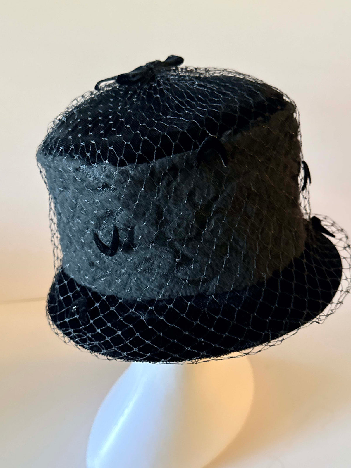 Vintage 1960s Black Velvet Bucket Cloche Hat with Birdcage Veiling and Floral Texture Women's Millinery