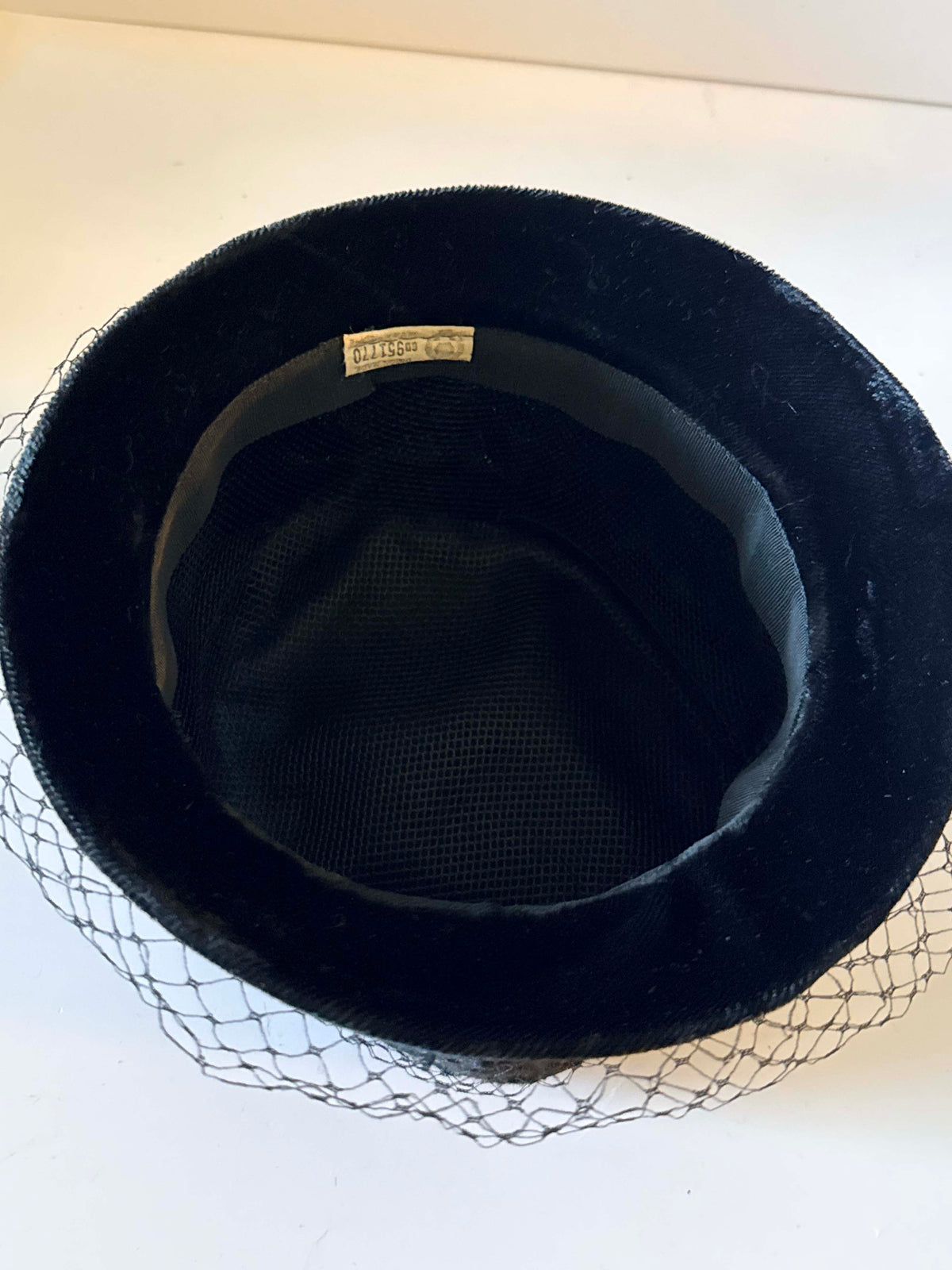 Vintage 1960s Black Velvet Bucket Cloche Hat with Birdcage Veiling and Floral Texture Women's Millinery