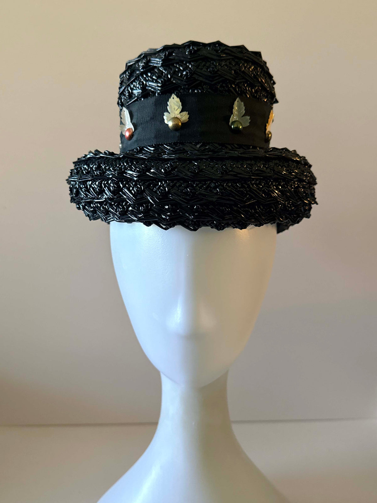 Vintage 1950s Black Straw Brimmed Hat Metallic Gold Leaf Trim Black Ribbon Mid Century Women's Millinery