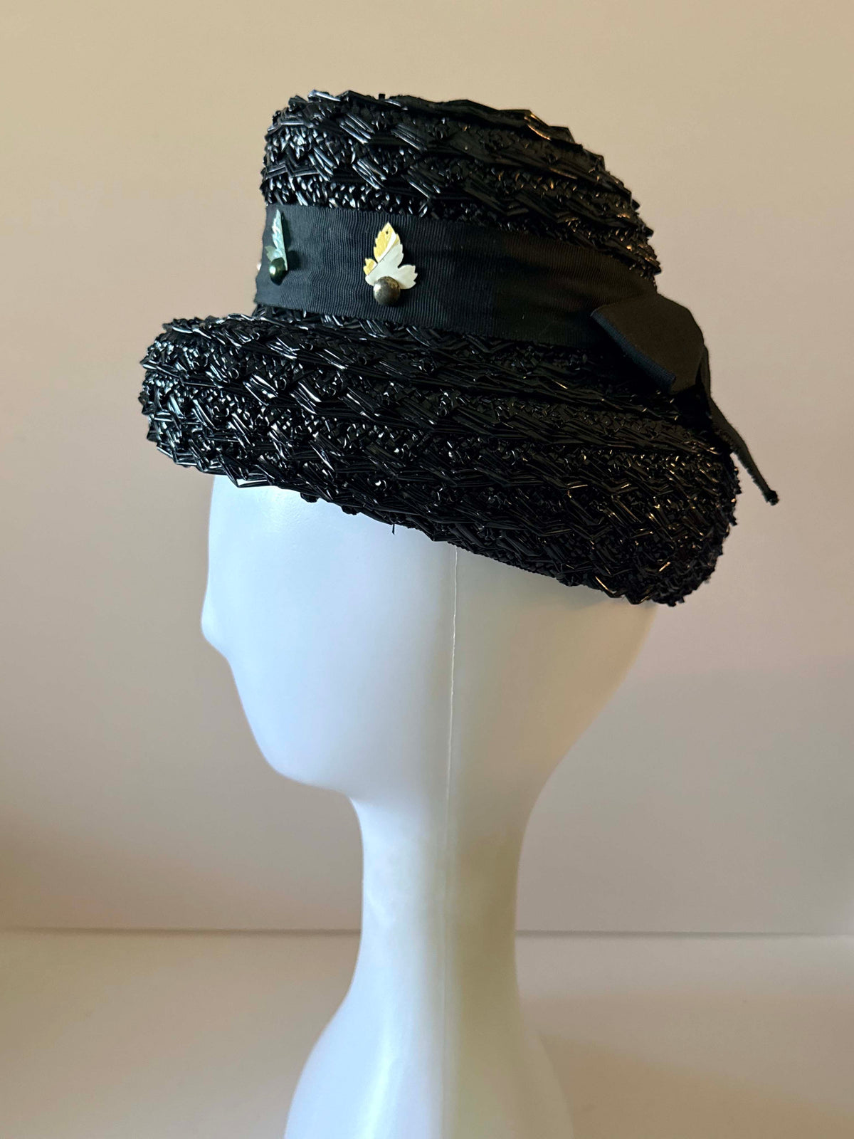 Vintage 1950s Black Straw Brimmed Hat Metallic Gold Leaf Trim Black Ribbon Mid Century Women's Millinery
