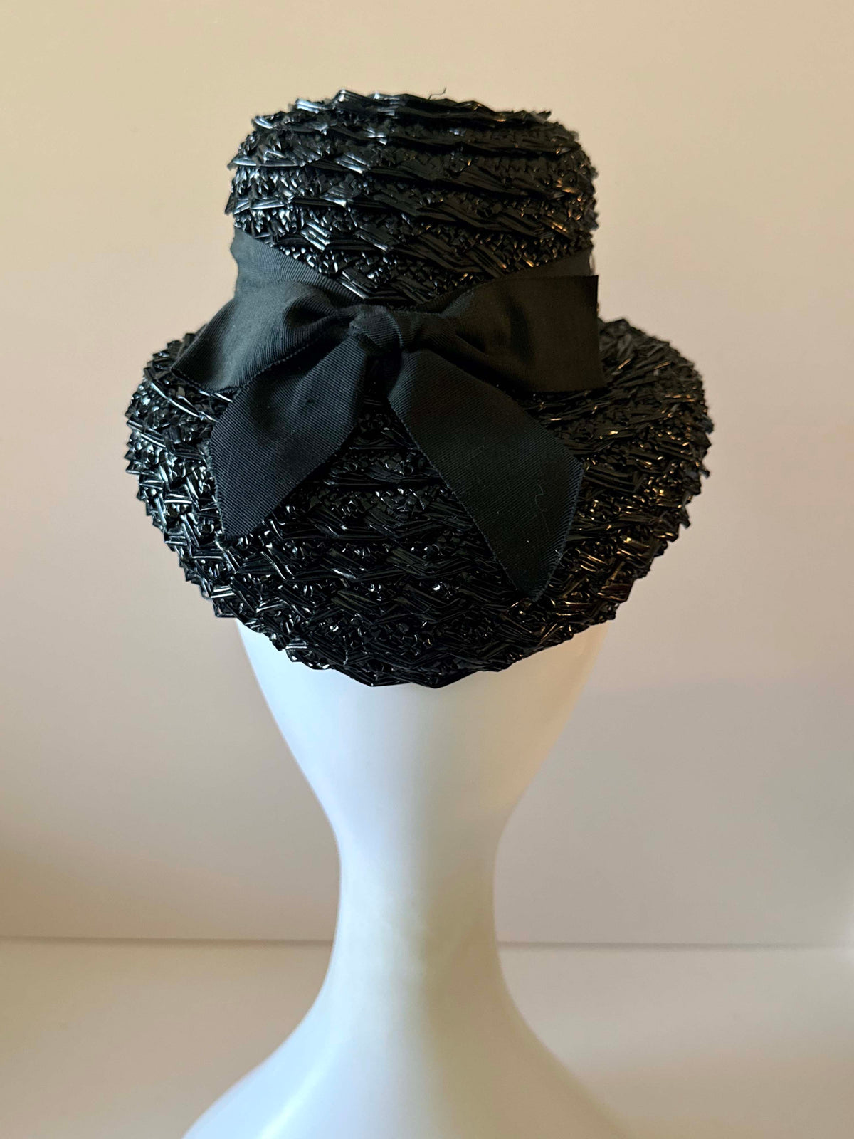 Vintage 1950s Black Straw Brimmed Hat Metallic Gold Leaf Trim Black Ribbon Mid Century Women's Millinery