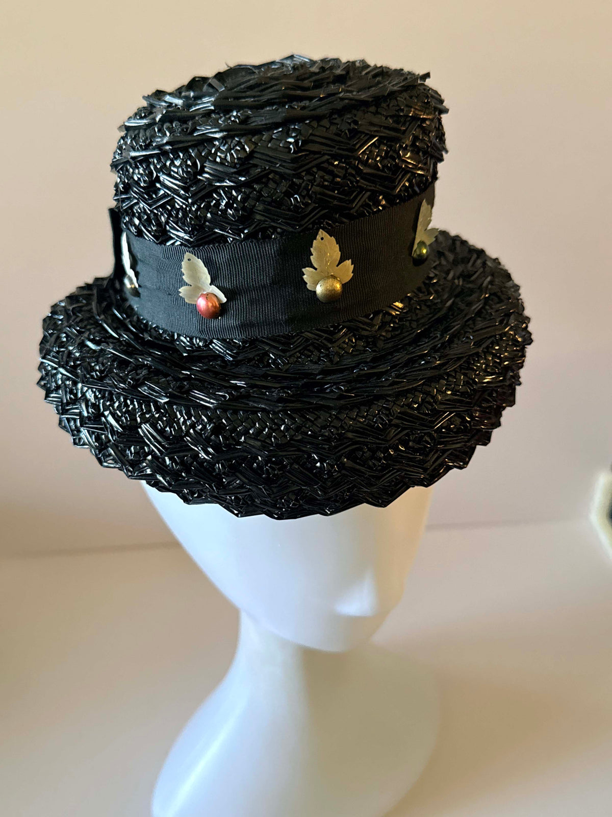 Vintage 1950s Black Straw Brimmed Hat Metallic Gold Leaf Trim Black Ribbon Mid Century Women's Millinery