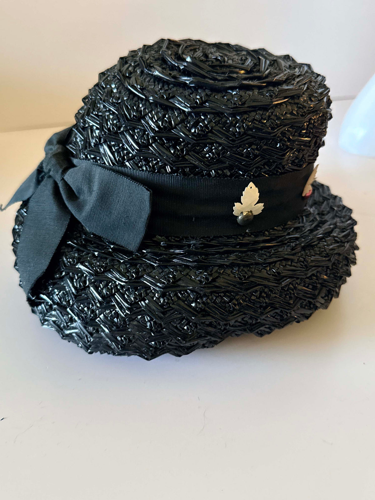 Vintage 1950s Black Straw Brimmed Hat Metallic Gold Leaf Trim Black Ribbon Mid Century Women's Millinery