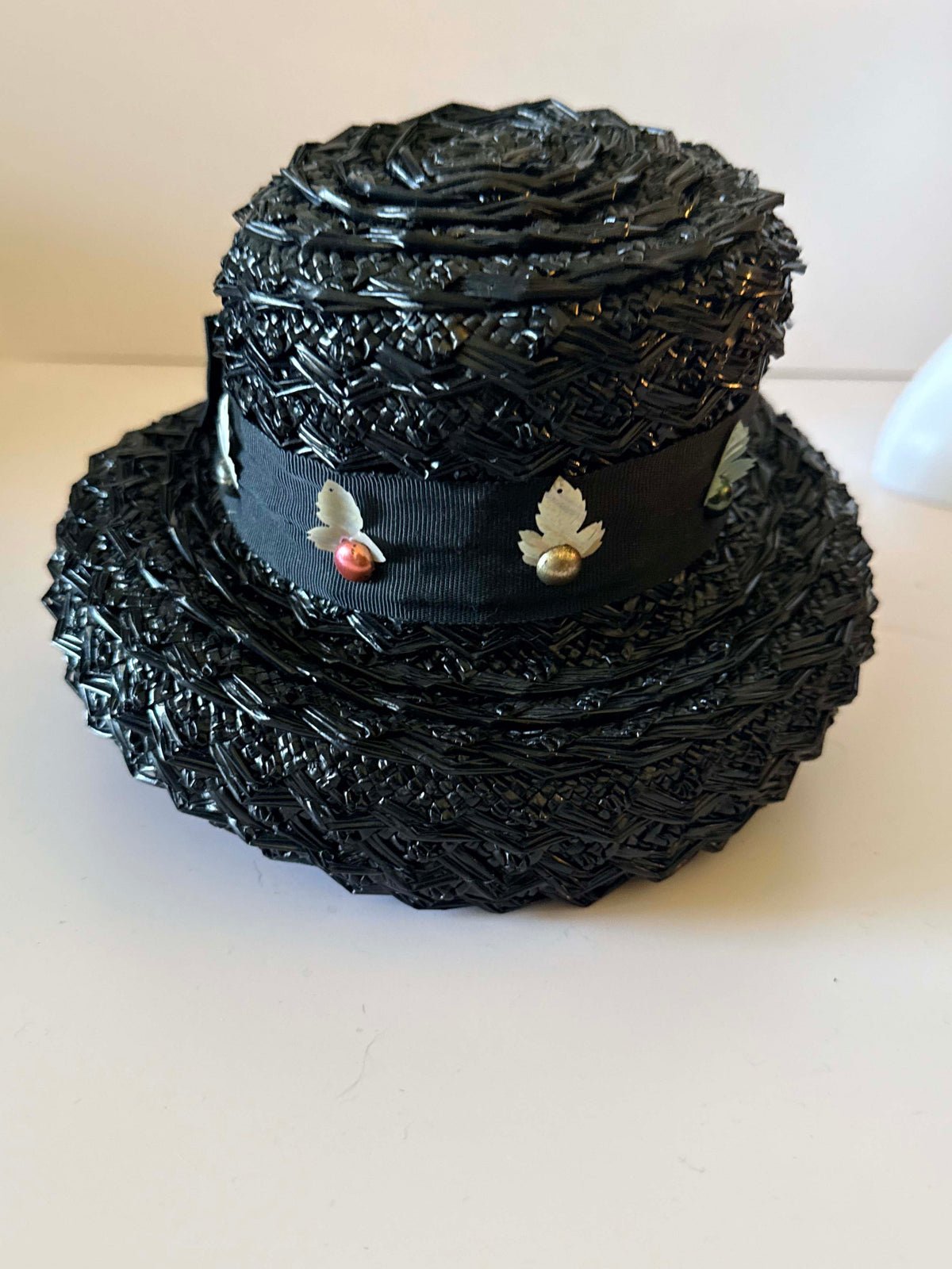 Vintage 1950s Black Straw Brimmed Hat Metallic Gold Leaf Trim Black Ribbon Mid Century Women's Millinery