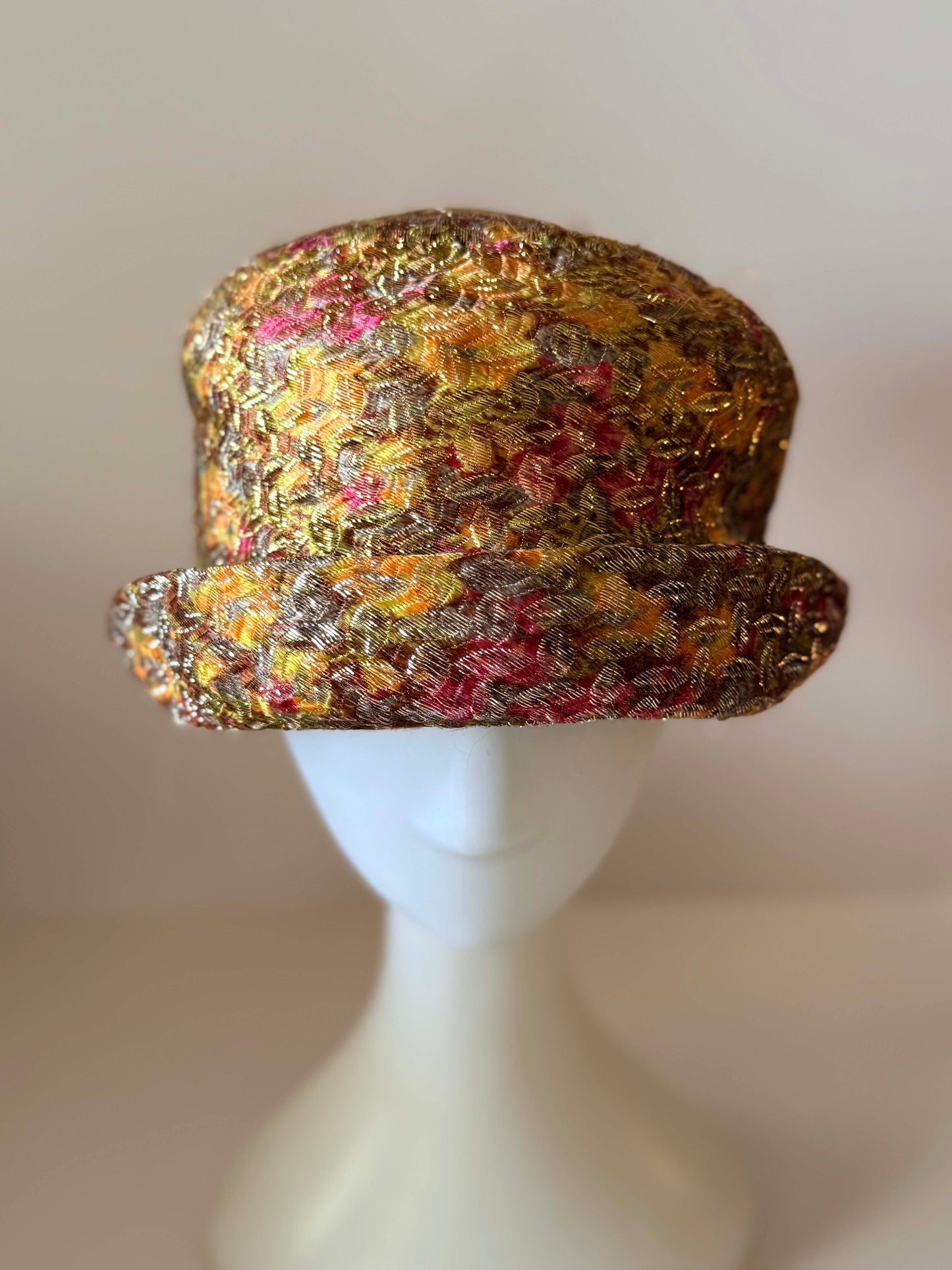 1960s Metallic Floral Brocade Bucket Hat | Gold Lurex Tapestry Hat | Vintage Mod Evening Hat