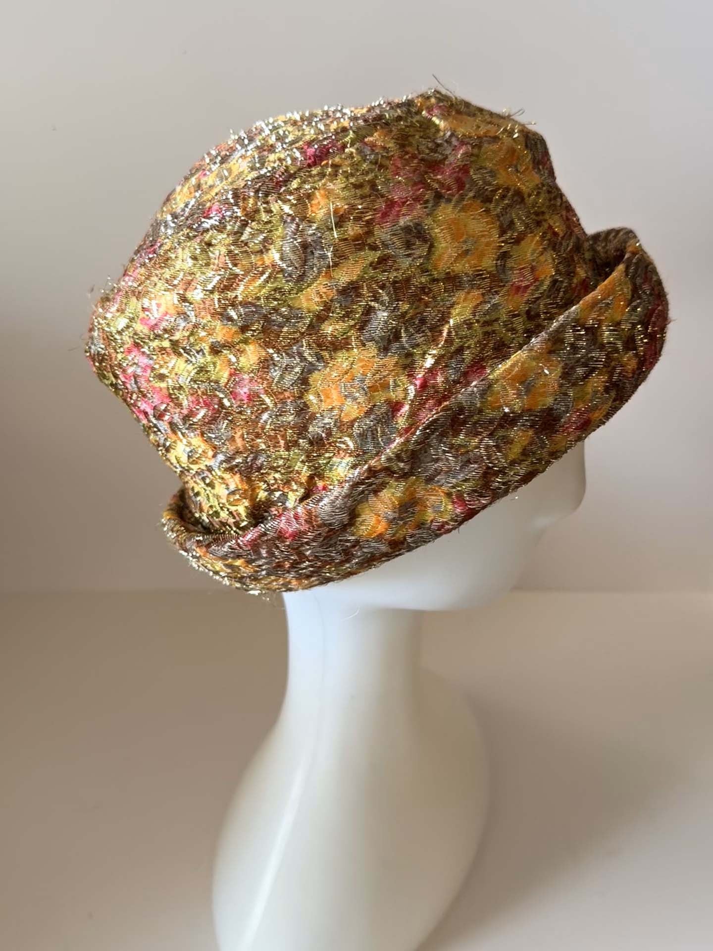 1960s Metallic Floral Brocade Bucket Hat | Gold Lurex Tapestry Hat | Vintage Mod Evening Hat