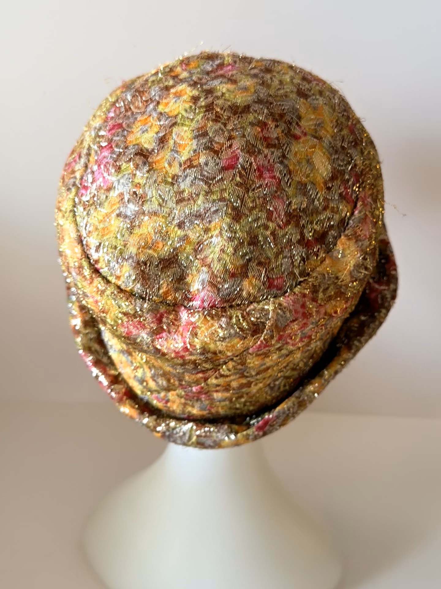 1960s Metallic Floral Brocade Bucket Hat | Gold Lurex Tapestry Hat | Vintage Mod Evening Hat