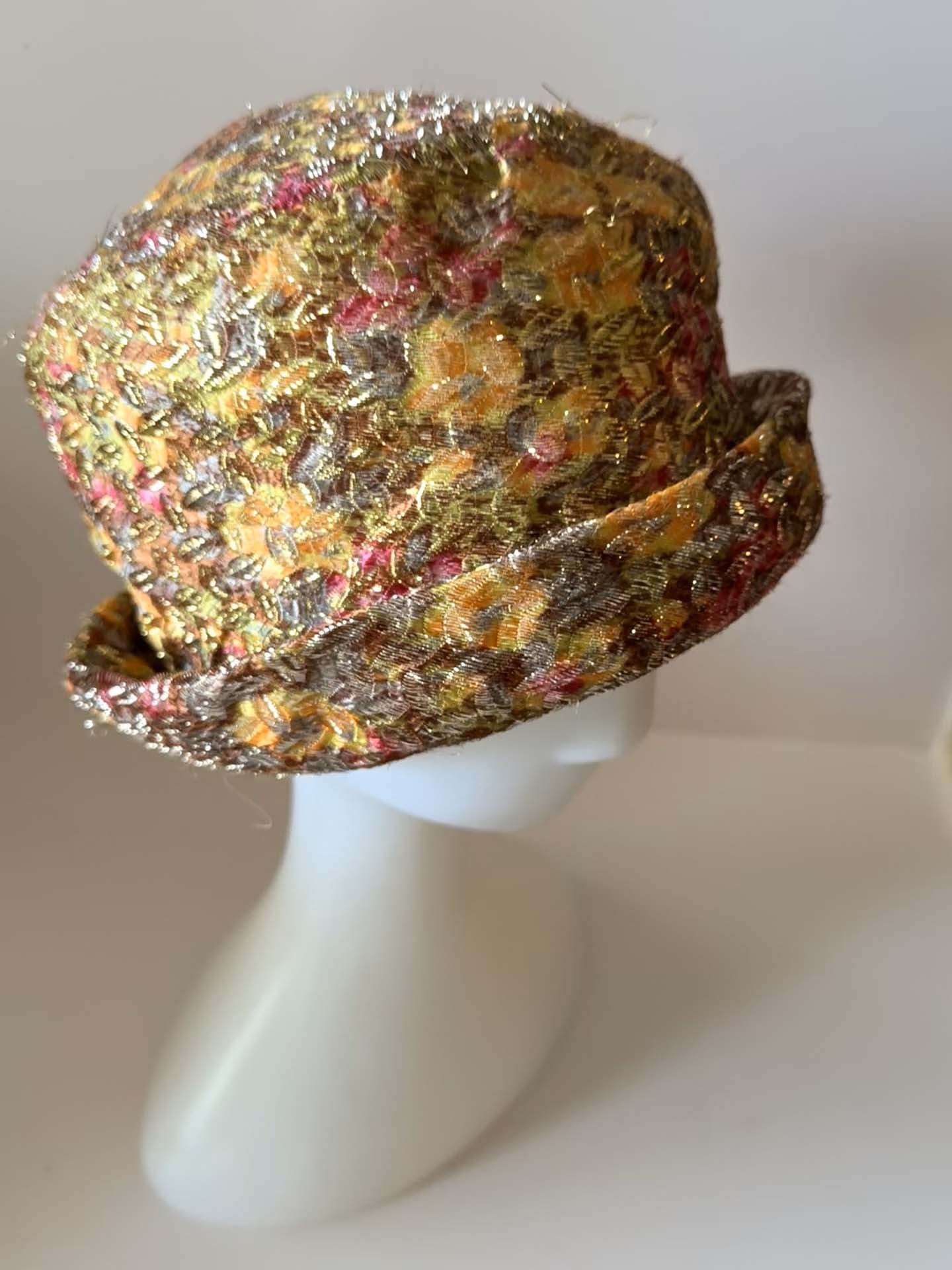 1960s Metallic Floral Brocade Bucket Hat | Gold Lurex Tapestry Hat | Vintage Mod Evening Hat