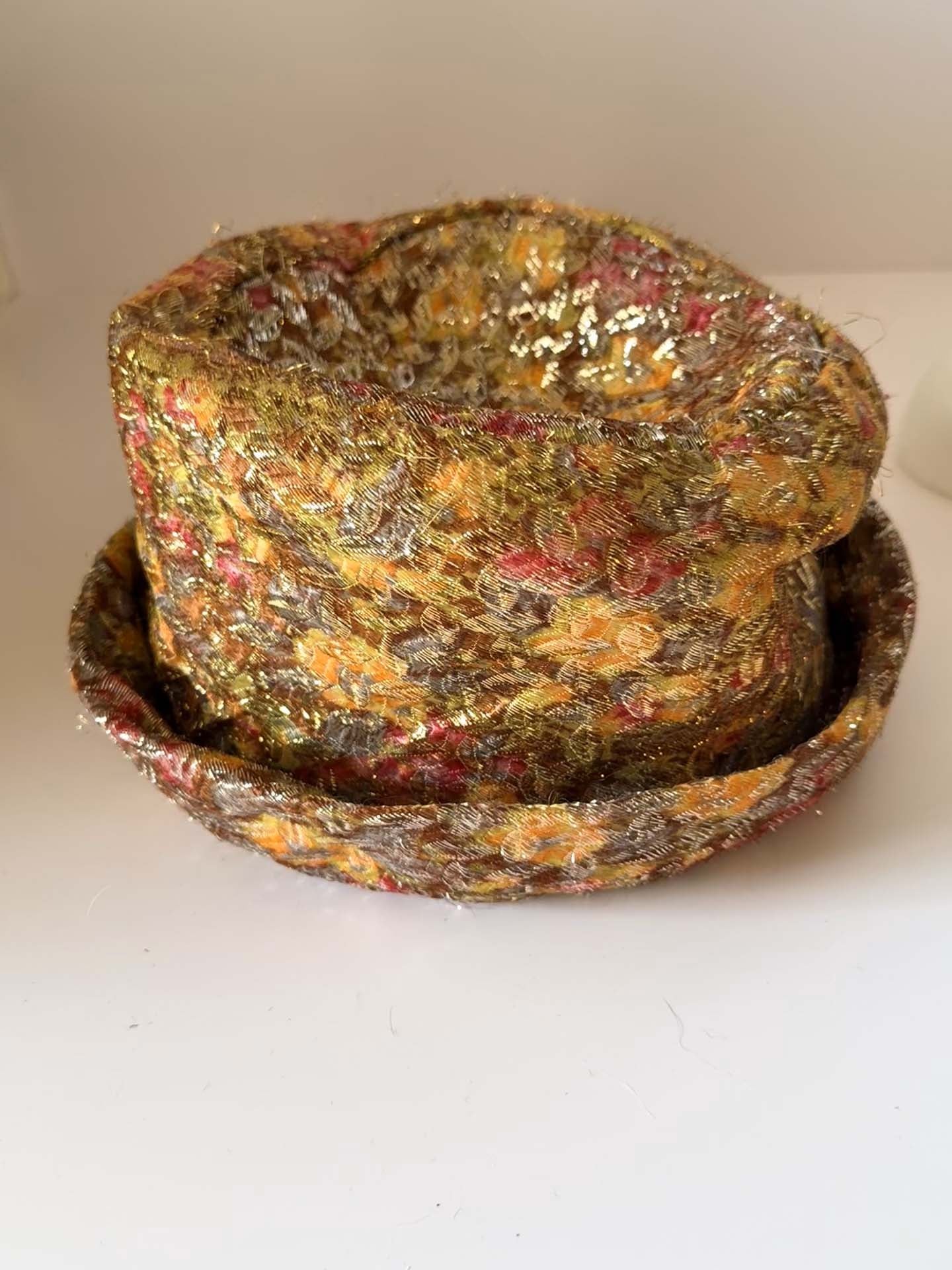 1960s Metallic Floral Brocade Bucket Hat | Gold Lurex Tapestry Hat | Vintage Mod Evening Hat