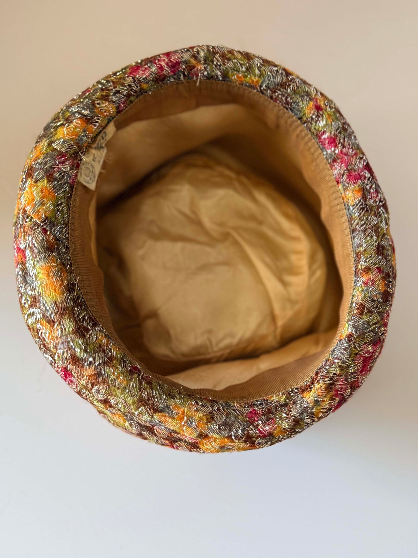 1960s Metallic Floral Brocade Bucket Hat | Gold Lurex Tapestry Hat | Vintage Mod Evening Hat