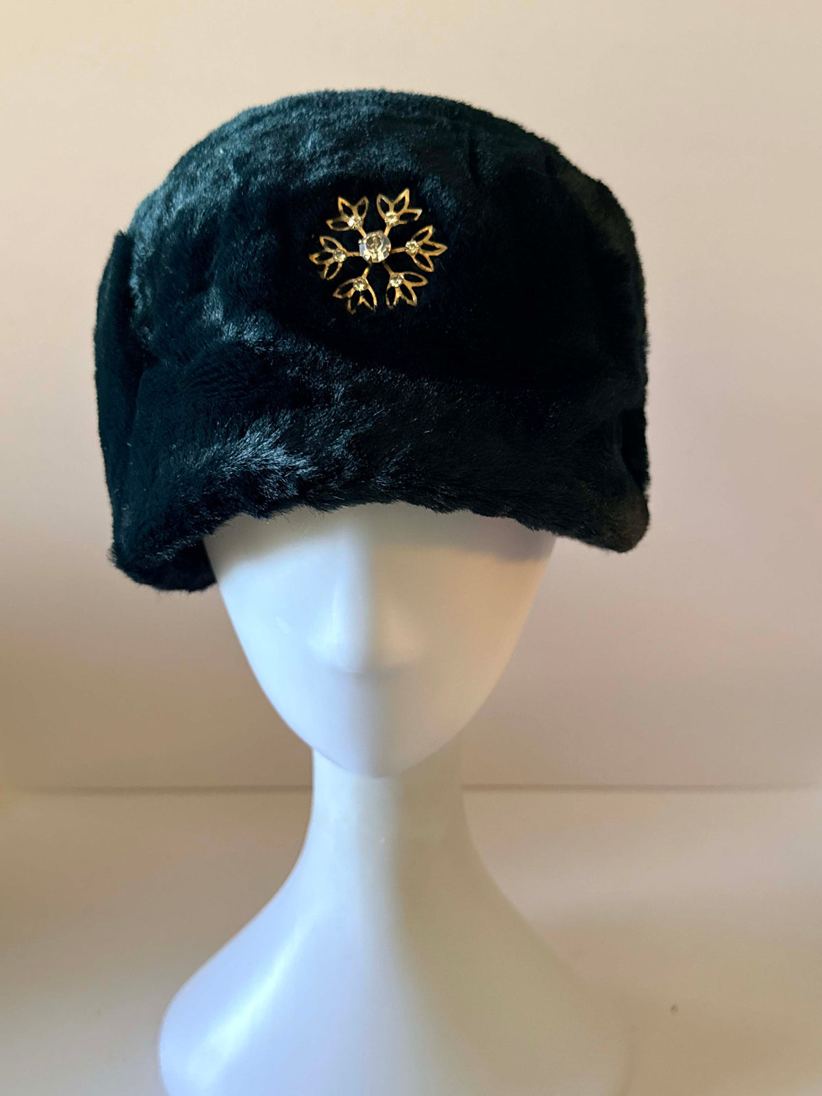 Vintage 1960s Black Faux Fur Toque Hat Gold Snowflake Rhinestone Accent Winter Pillbox Style Women's Hat