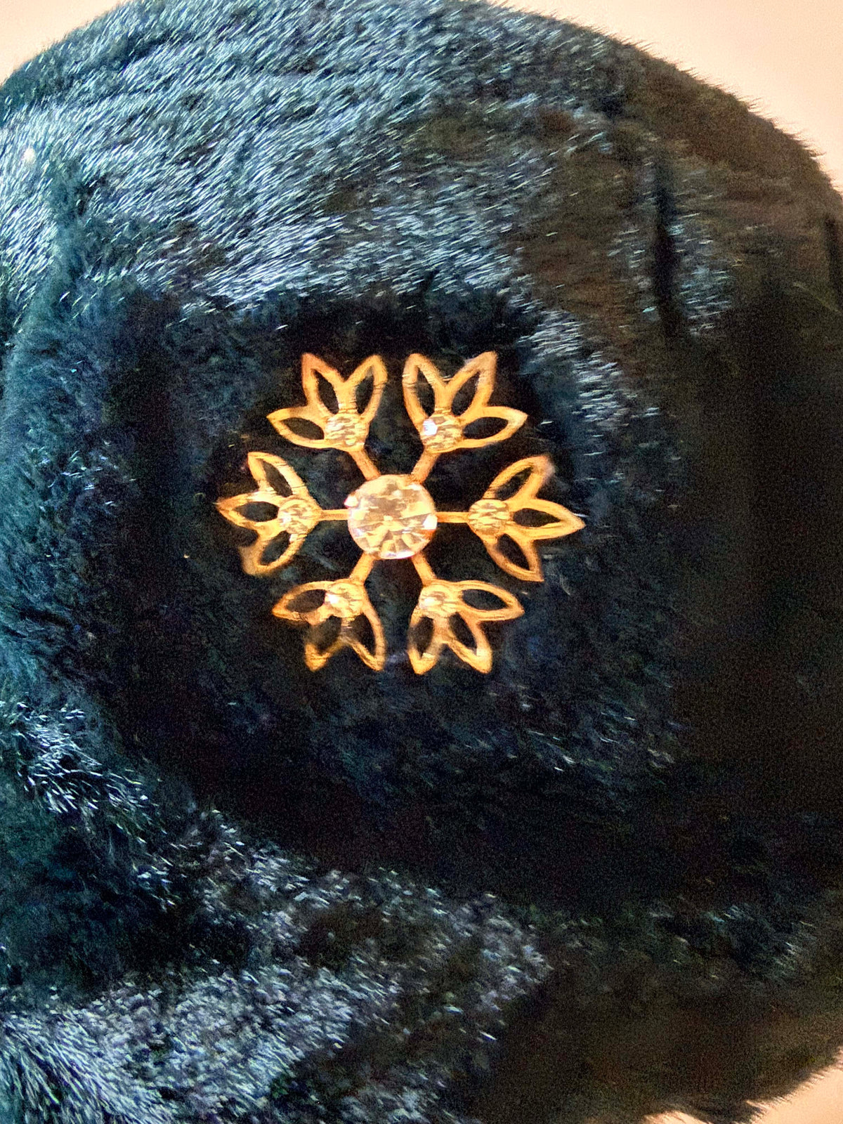 Vintage 1960s Black Faux Fur Toque Hat Gold Snowflake Rhinestone Accent Winter Pillbox Style Women's Hat