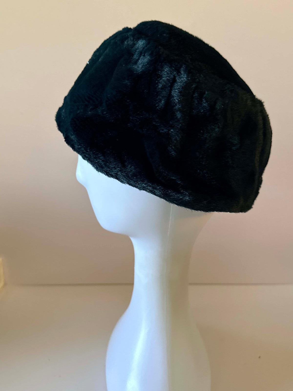 Vintage 1960s Black Faux Fur Toque Hat Gold Snowflake Rhinestone Accent Winter Pillbox Style Women's Hat