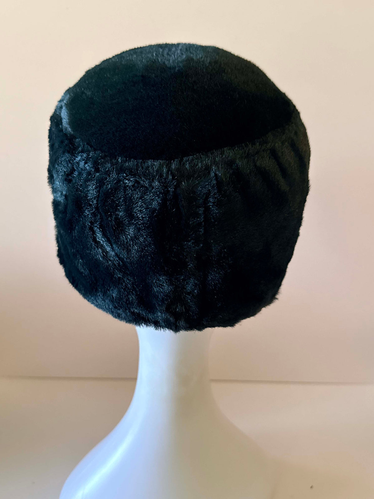 Vintage 1960s Black Faux Fur Toque Hat Gold Snowflake Rhinestone Accent Winter Pillbox Style Women's Hat