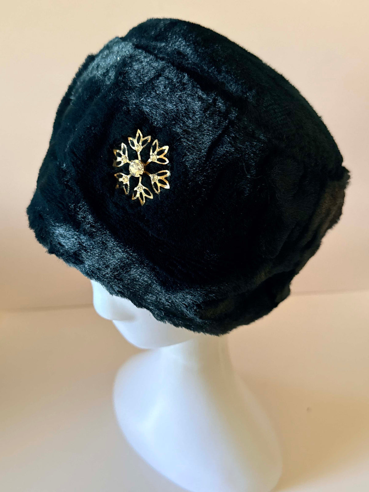 Vintage 1960s Black Faux Fur Toque Hat Gold Snowflake Rhinestone Accent Winter Pillbox Style Women's Hat