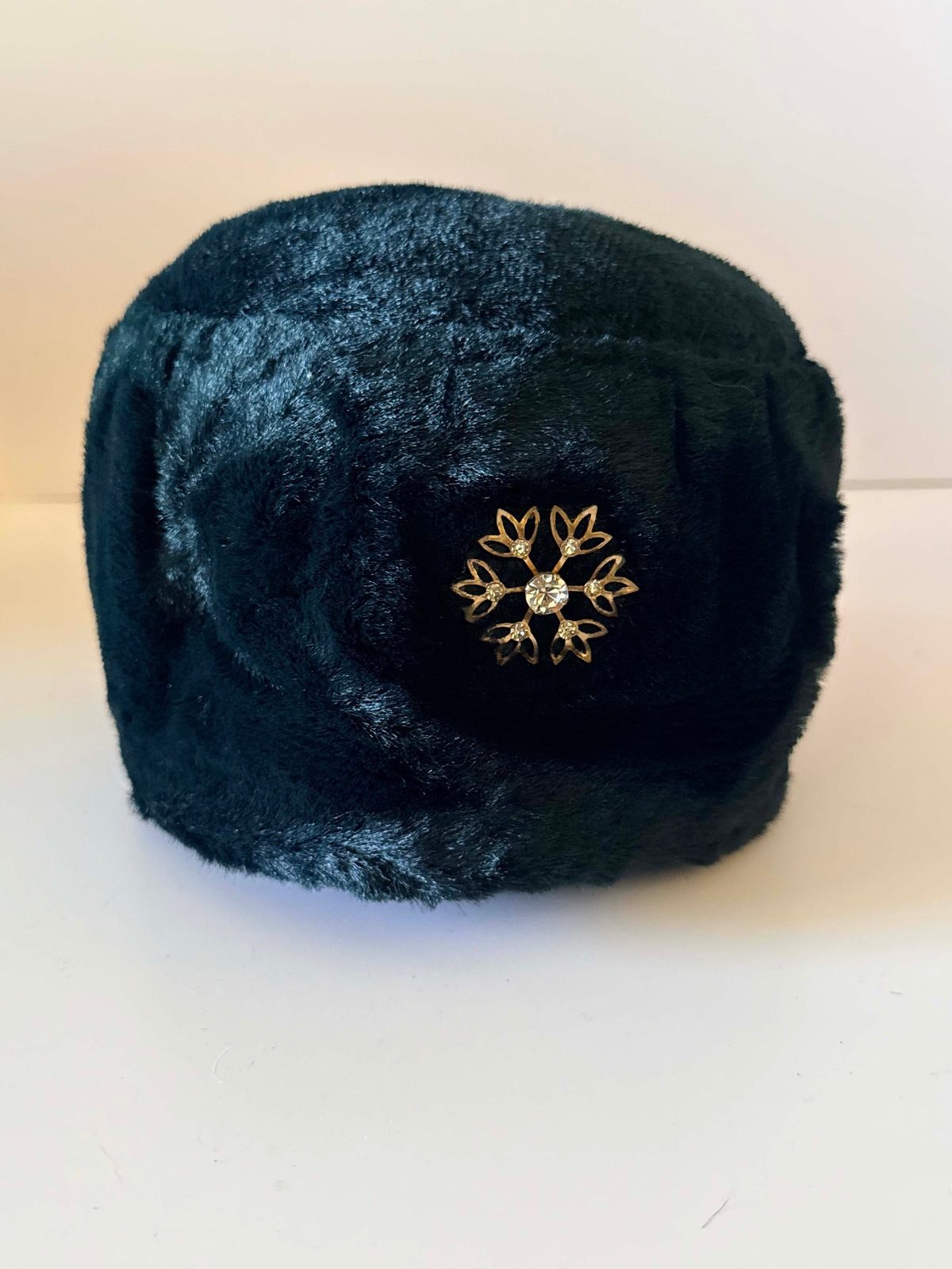 Vintage 1960s Black Faux Fur Toque Hat Gold Snowflake Rhinestone Accent Winter Pillbox Style Women's Hat