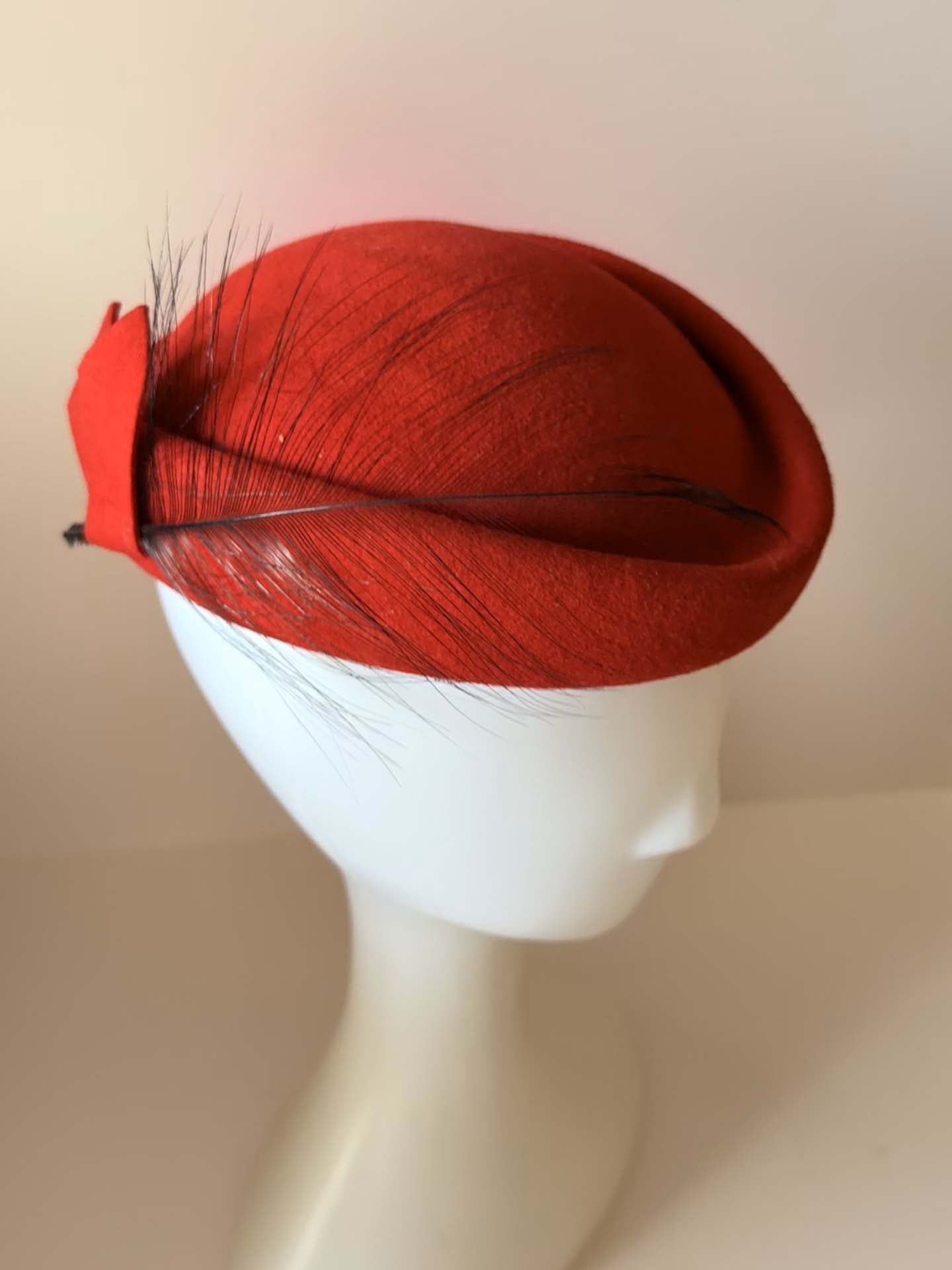 1960s Frank Olive Counter-Fit Red Felt Hat | Sculptural Mod Cocktail Hat | Feather Trim Vintage Pillbox