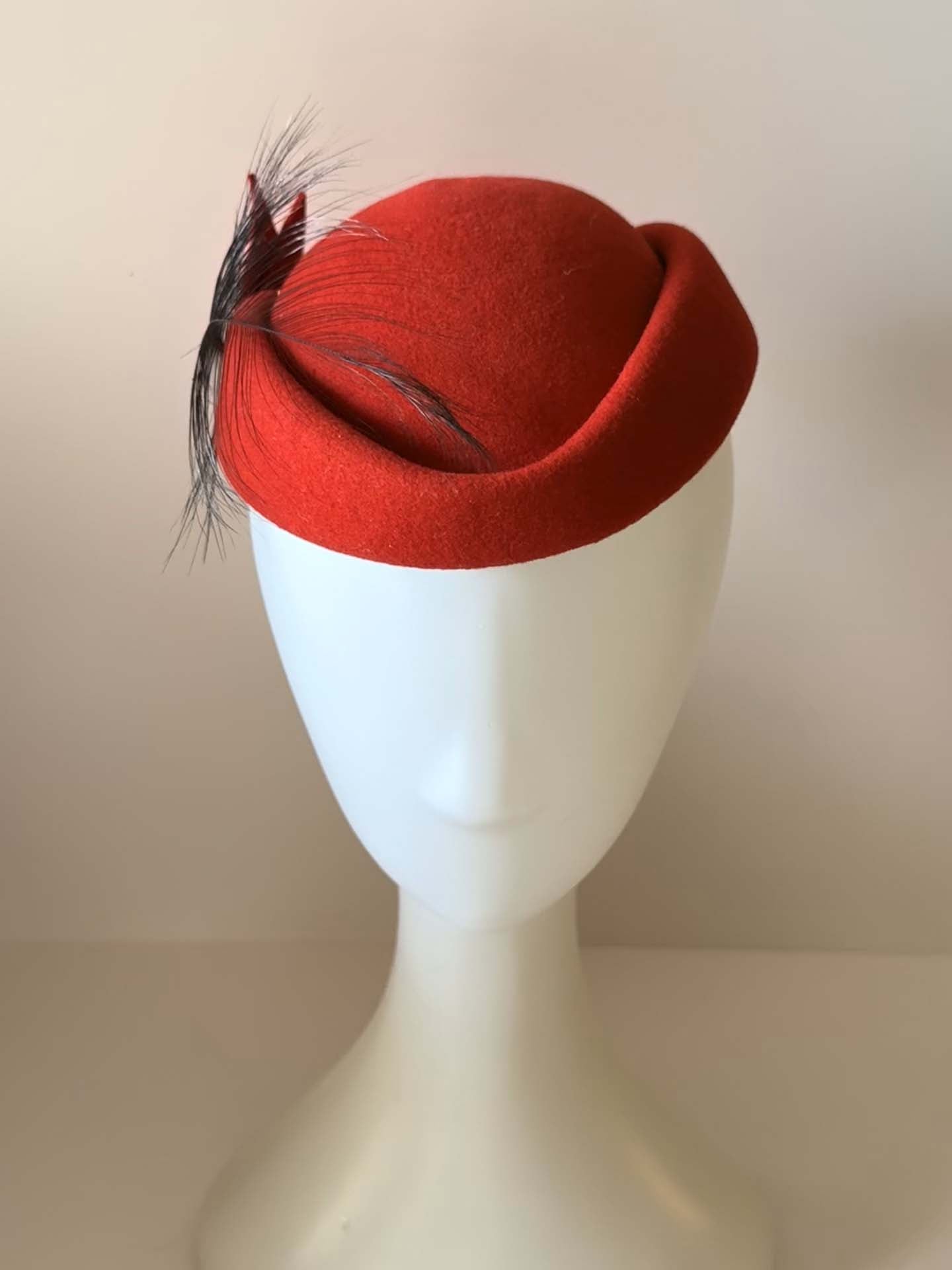 1960s Frank Olive Counter-Fit Red Felt Hat | Sculptural Mod Cocktail Hat | Feather Trim Vintage Pillbox