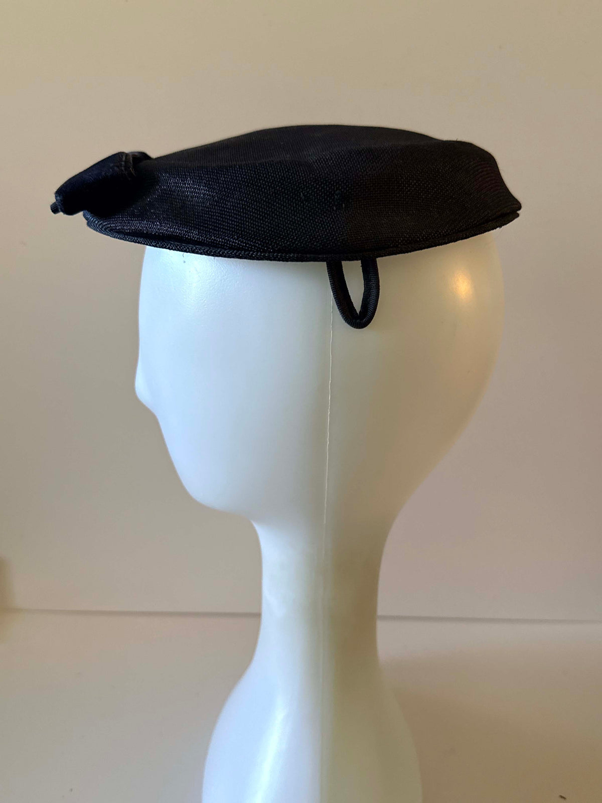 Vintage 1960s Navy Blue Straw Pillbox Hat Velvet Bow Mid Century Mod Structured Women's Millinery