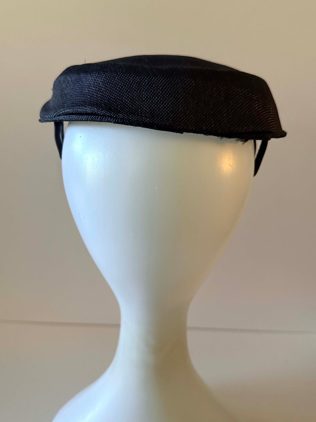 Vintage 1960s Navy Blue Straw Pillbox Hat Velvet Bow Mid Century Mod Structured Women's Millinery