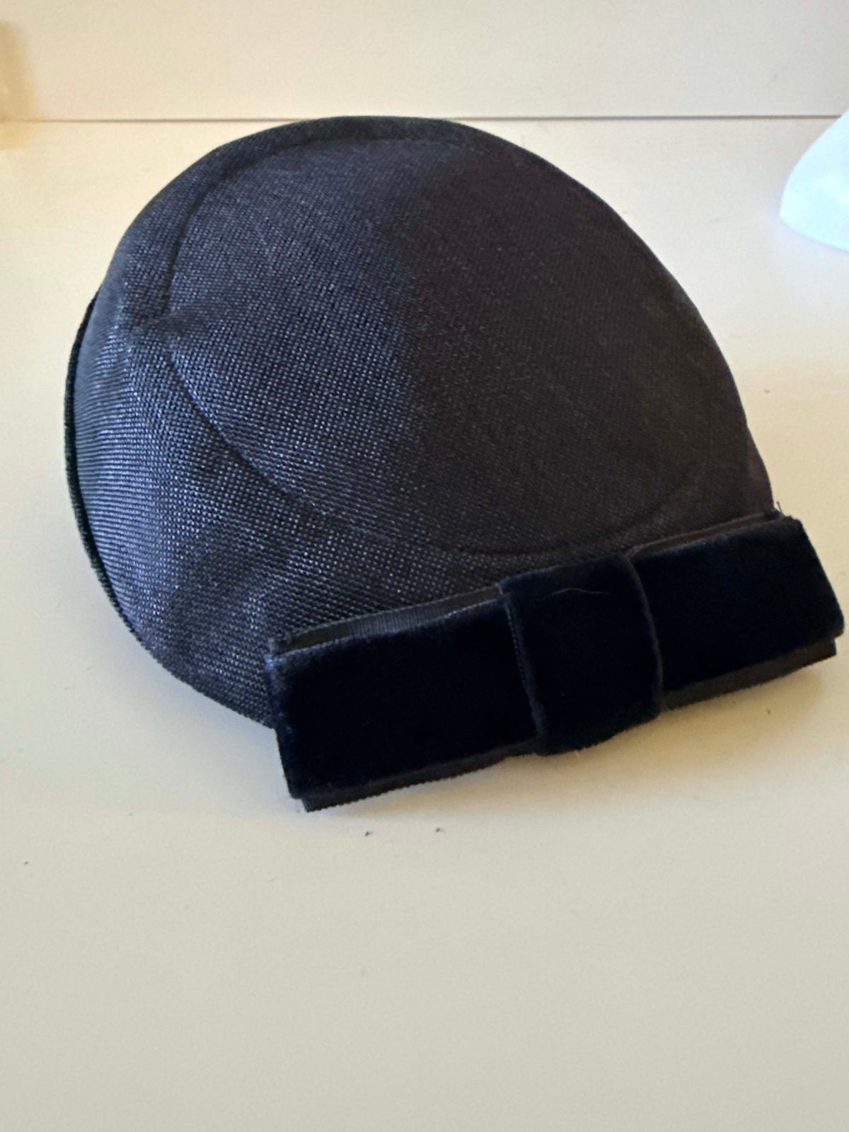 Vintage 1960s Navy Blue Straw Pillbox Hat Velvet Bow Mid Century Mod Structured Women's Millinery
