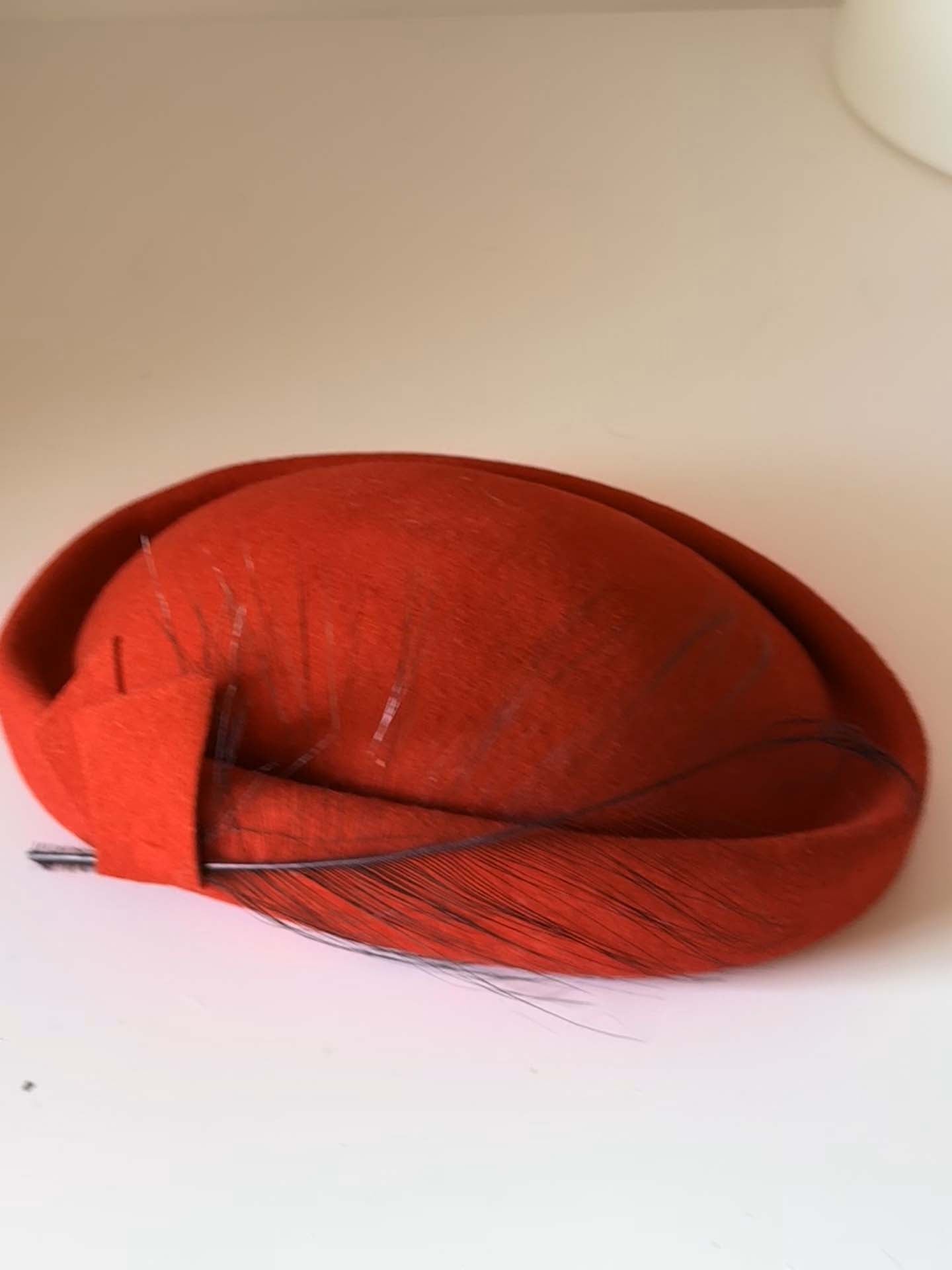 1960s Frank Olive Counter-Fit Red Felt Hat | Sculptural Mod Cocktail Hat | Feather Trim Vintage Pillbox