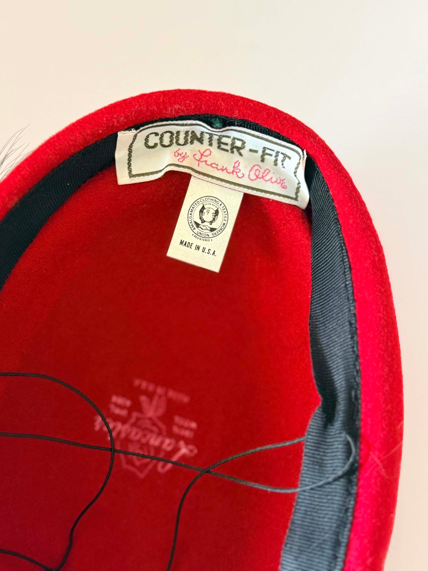1960s Frank Olive Counter-Fit Red Felt Hat | Sculptural Mod Cocktail Hat | Feather Trim Vintage Pillbox