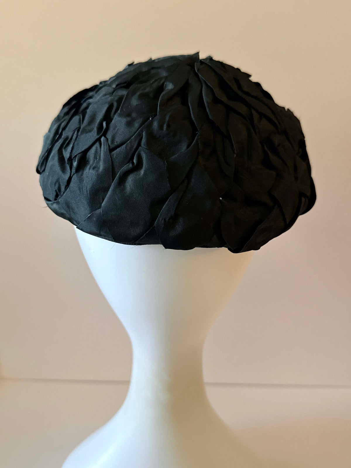 Vintage 1950s Mr Milton Black Silk Ribbon Pillbox Hat Floral Petal Cocktail Hat Mid Century Millinery