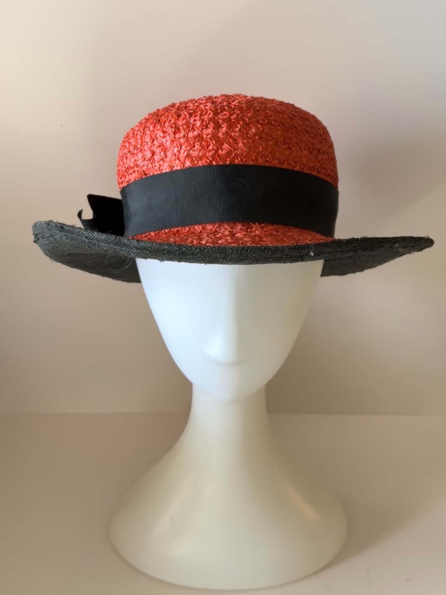 1950s Black Red Straw Hat | Paris New York Vintage Boater Hat | Black Ribbon Summer Millinery