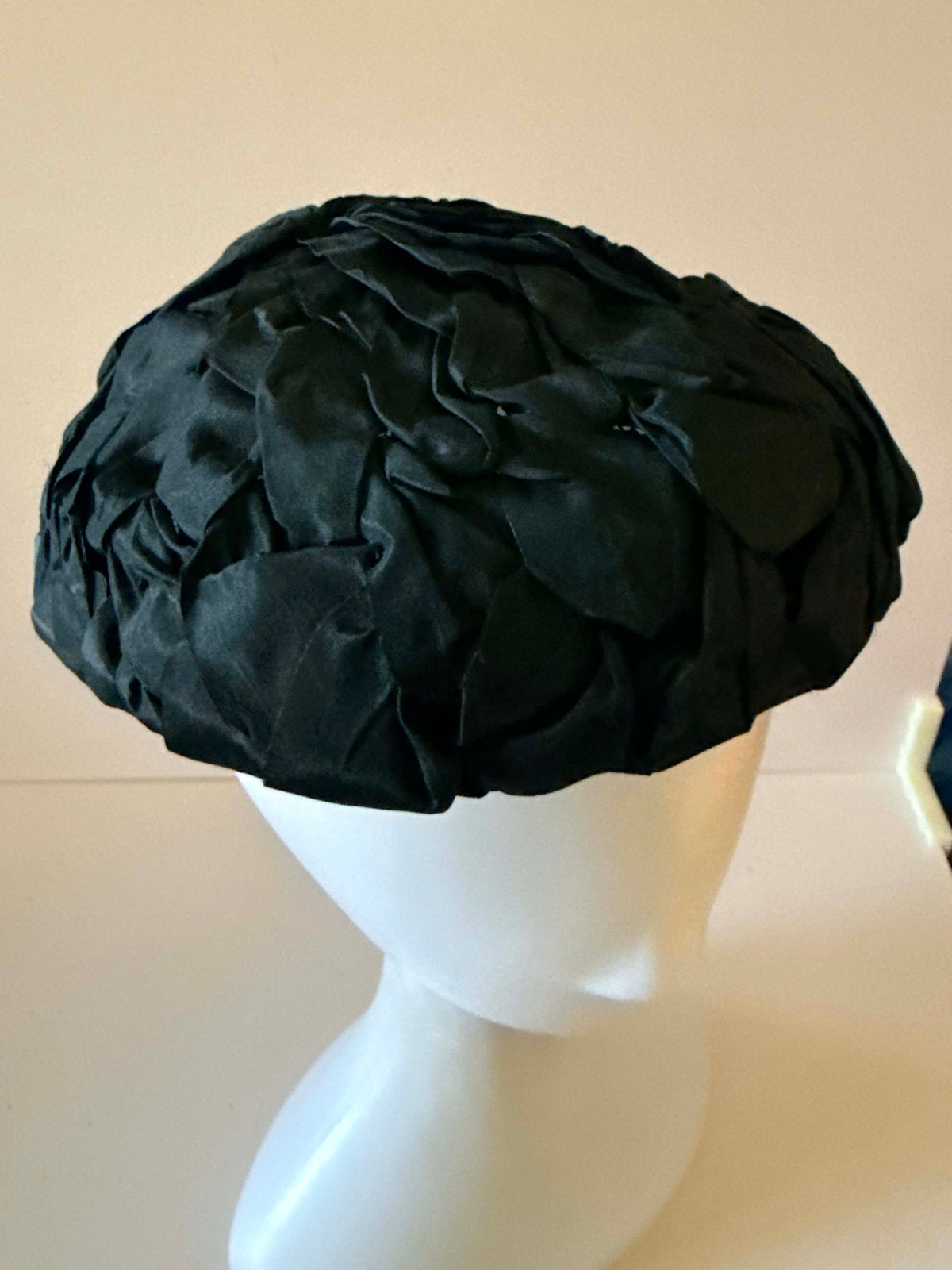 Vintage 1950s Mr Milton Black Silk Ribbon Pillbox Hat Floral Petal Cocktail Hat Mid Century Millinery