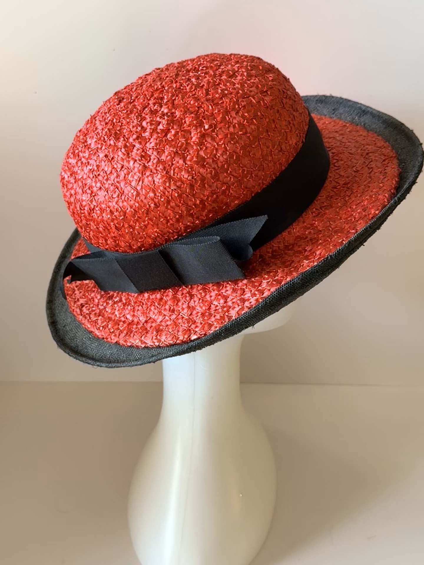 1950s Black Red Straw Hat | Paris New York Vintage Boater Hat | Black Ribbon Summer Millinery