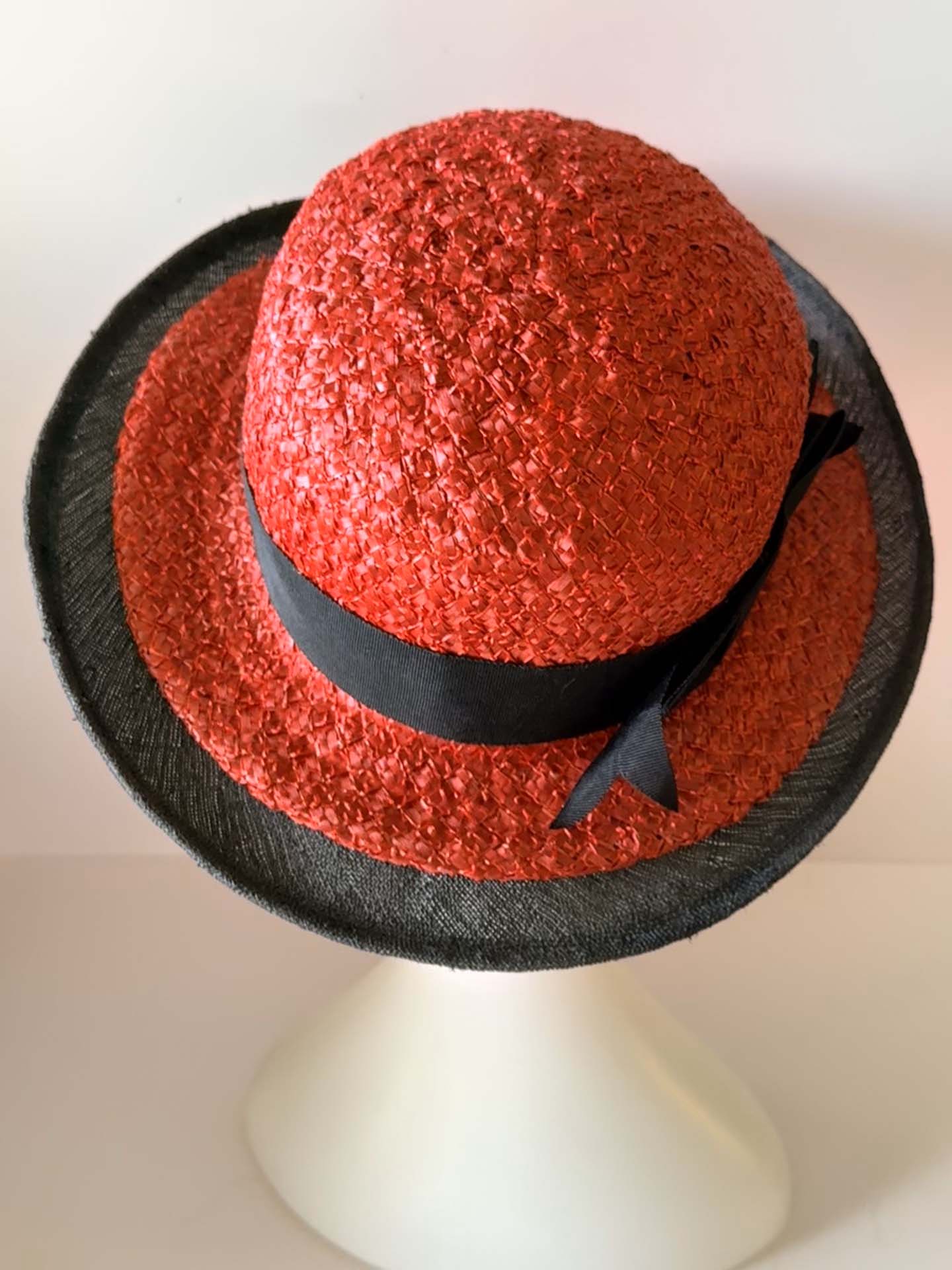 1950s Black Red Straw Hat | Paris New York Vintage Boater Hat | Black Ribbon Summer Millinery