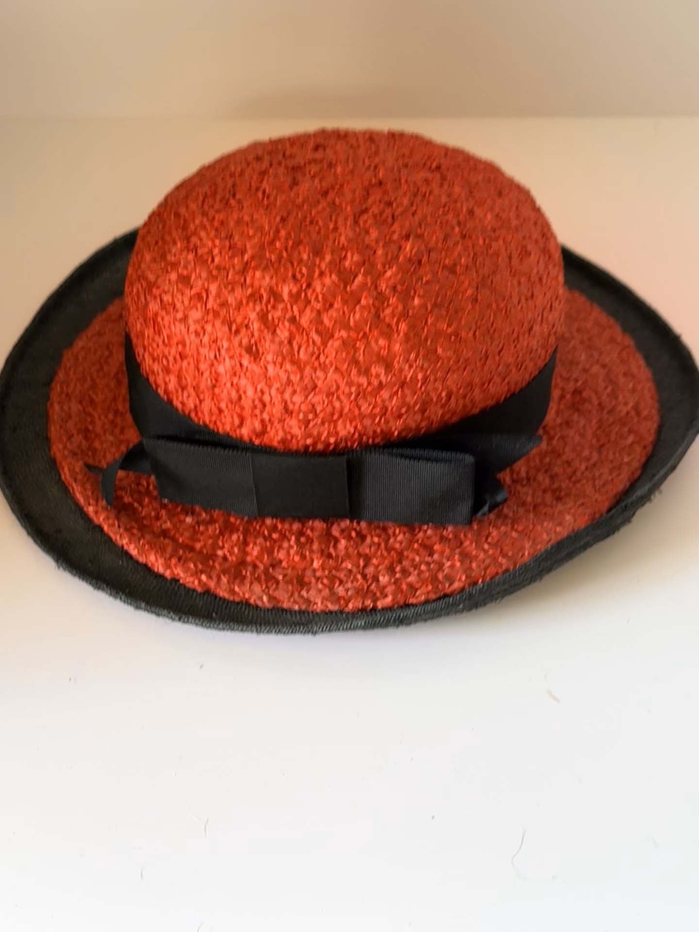 1950s Black Red Straw Hat | Paris New York Vintage Boater Hat | Black Ribbon Summer Millinery
