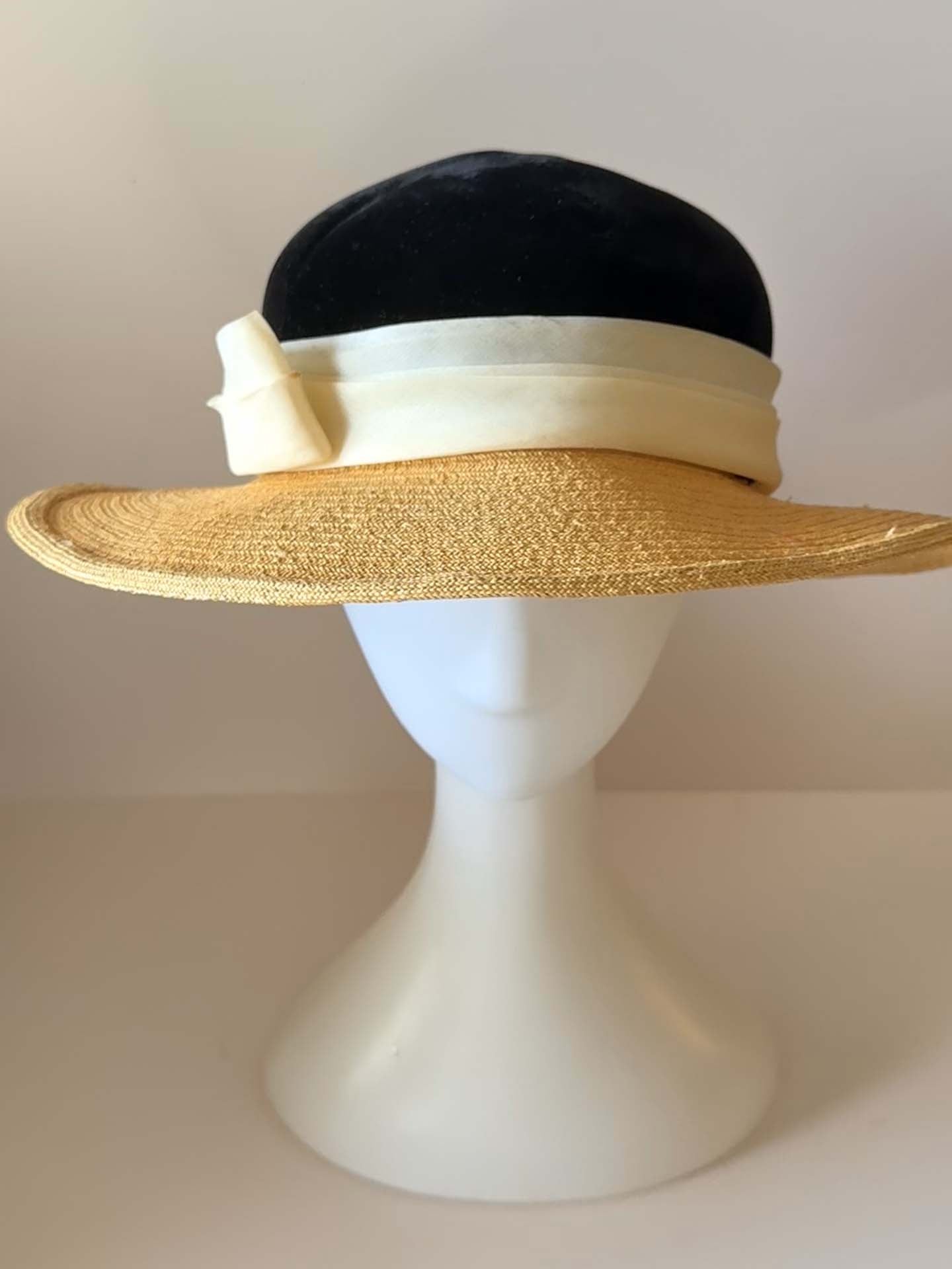 1950s Irene of New York Straw Hat | Black Velvet and Natural Straw Wide Brim Hat | Vintage Summer Millinery