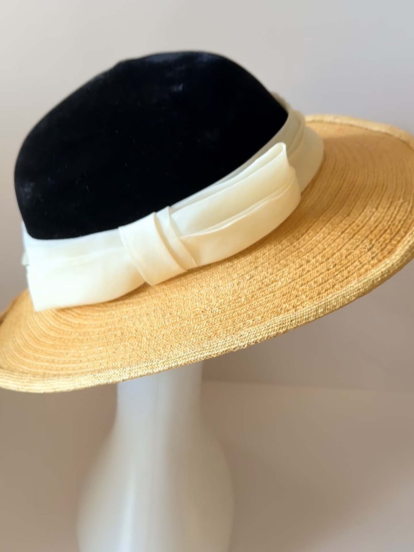 1950s Irene of New York Straw Hat | Black Velvet and Natural Straw Wide Brim Hat | Vintage Summer Millinery