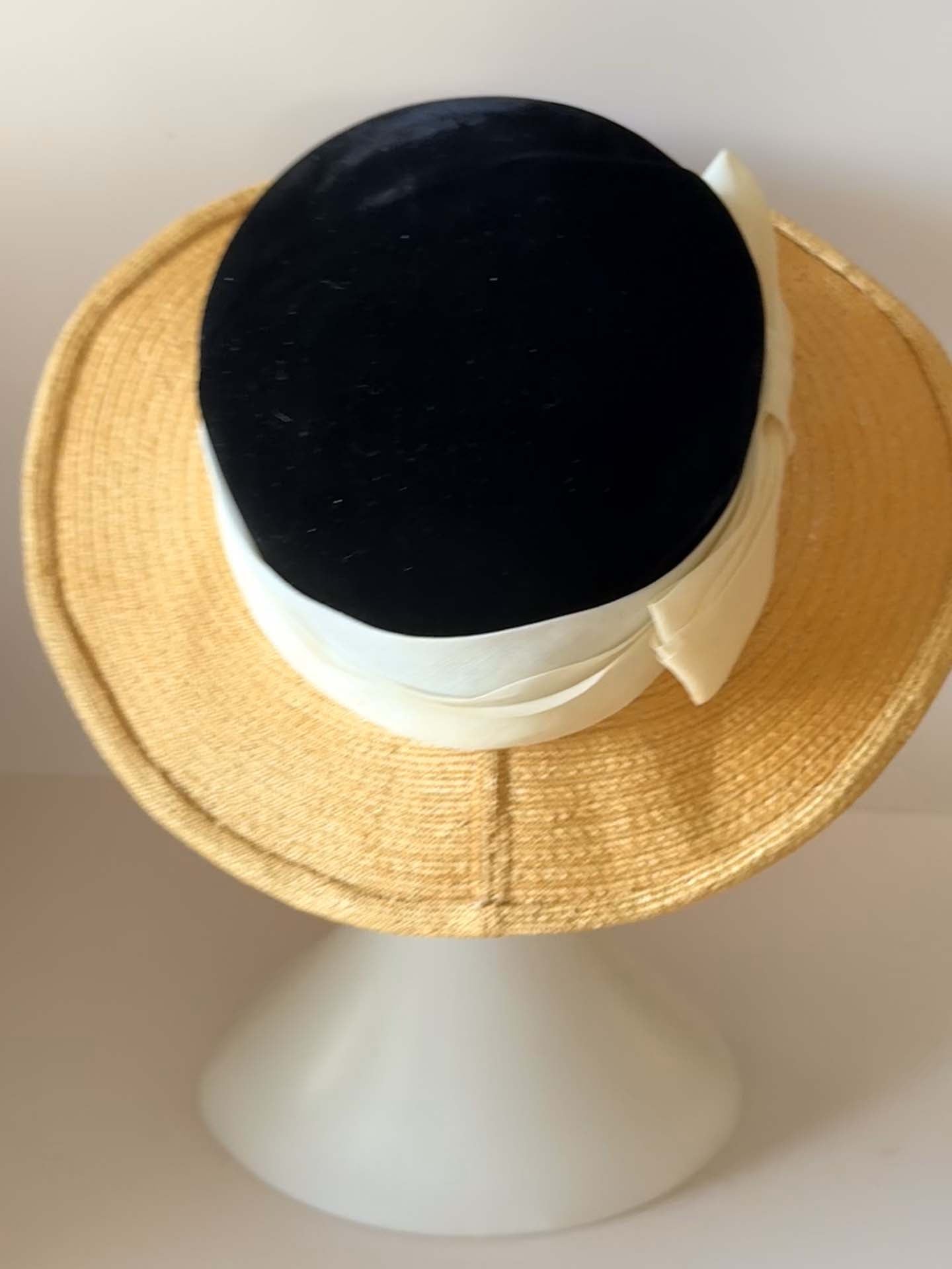 1950s Irene of New York Straw Hat | Black Velvet and Natural Straw Wide Brim Hat | Vintage Summer Millinery