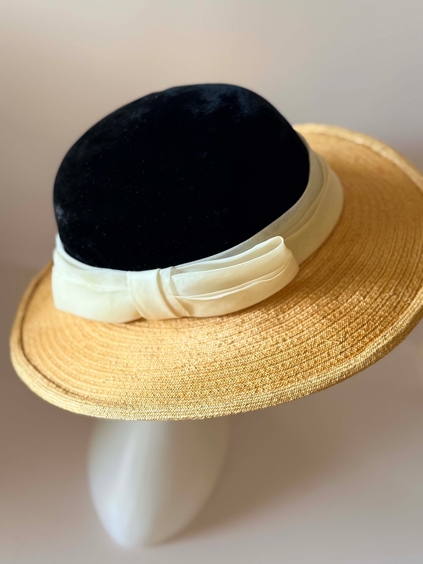 1950s Irene of New York Straw Hat | Black Velvet and Natural Straw Wide Brim Hat | Vintage Summer Millinery