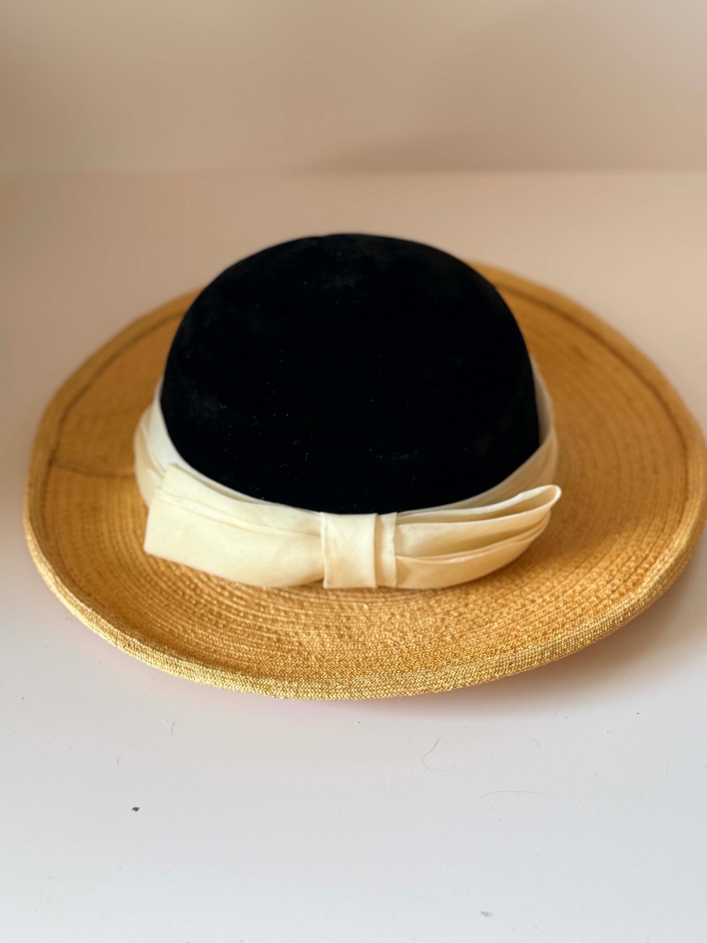 1950s Irene of New York Straw Hat | Black Velvet and Natural Straw Wide Brim Hat | Vintage Summer Millinery
