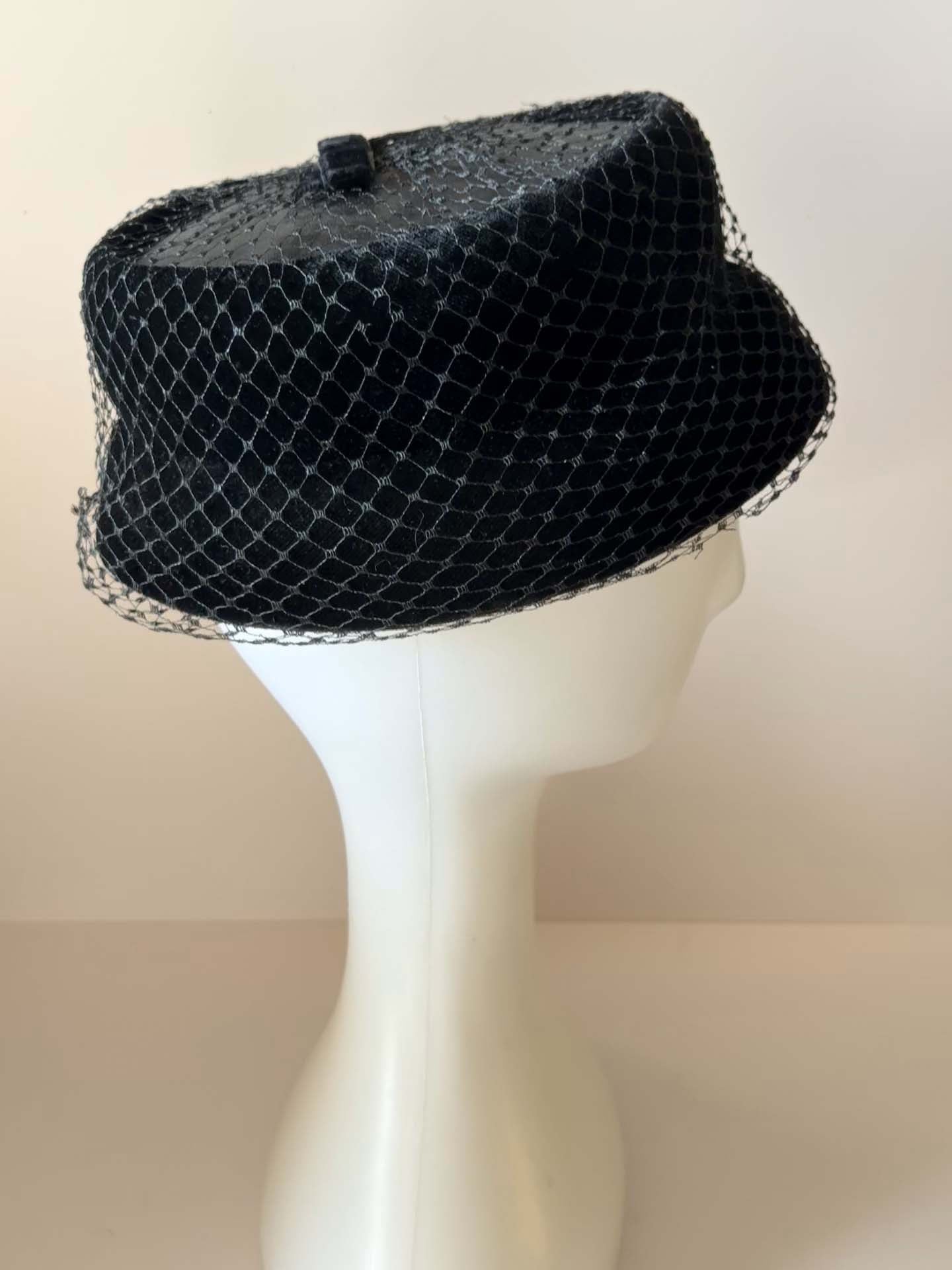 1950s Black Velvet Veiled Hat | Vintage Tilt Cocktail Hat | Mid Century Fascinator with Netting