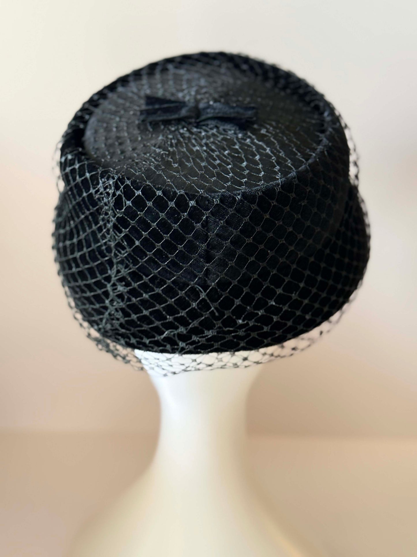 1950s Black Velvet Veiled Hat | Vintage Tilt Cocktail Hat | Mid Century Fascinator with Netting