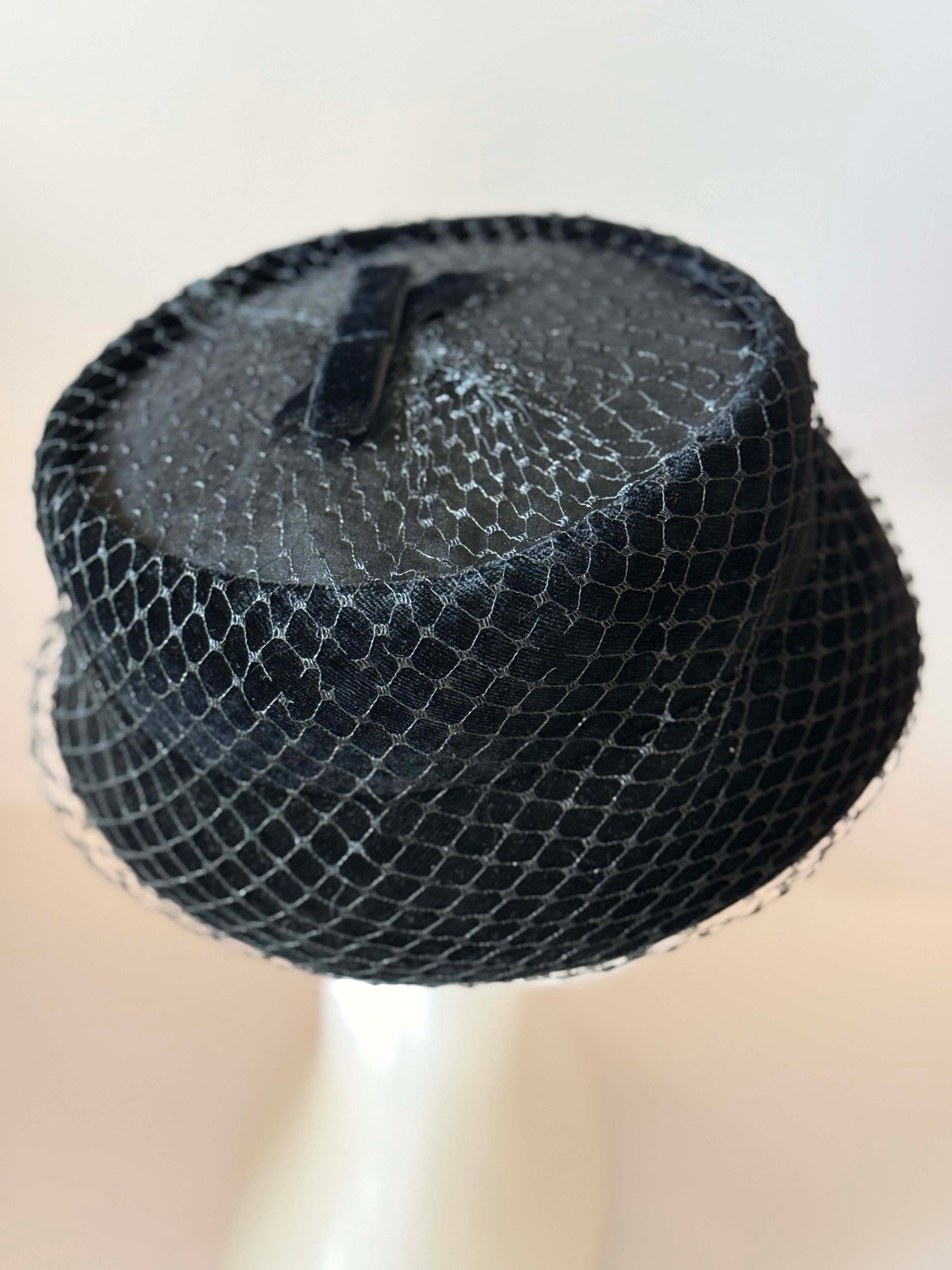 1950s Black Velvet Veiled Hat | Vintage Tilt Cocktail Hat | Mid Century Fascinator with Netting