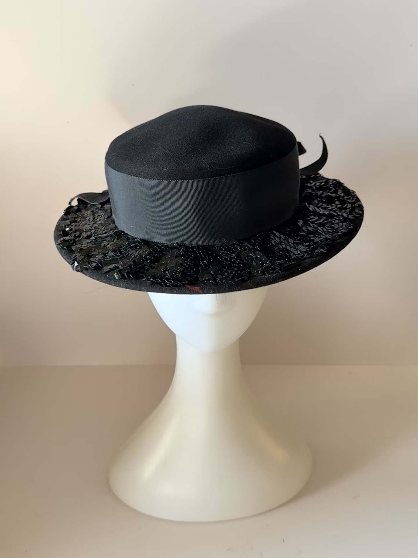 Vintage Black Sequined Cocktail Hat | Mr. John Classic Velvet Tilt Hat | 1950s Evening Fascinator