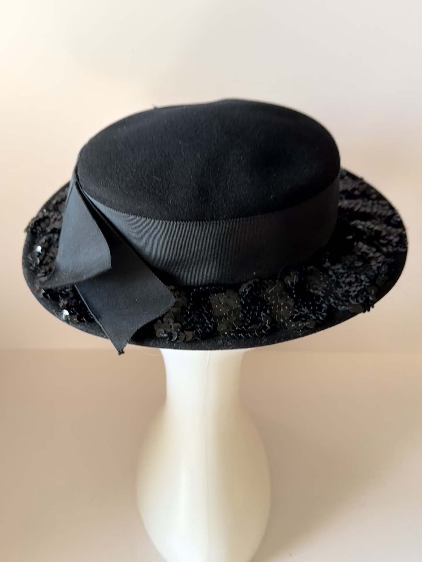 Vintage Black Sequined Cocktail Hat | Mr. John Classic Velvet Tilt Hat | 1950s Evening Fascinator
